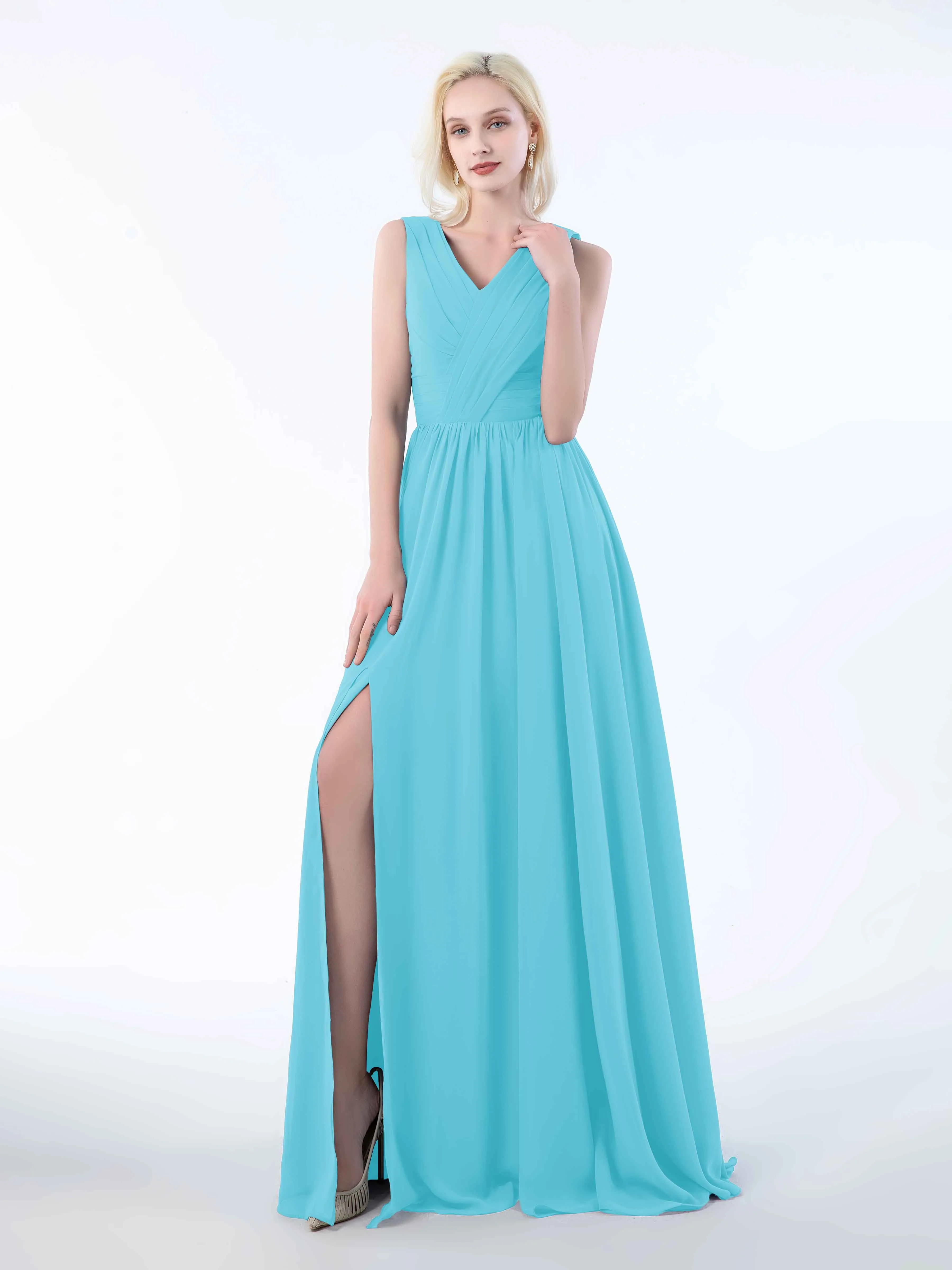 Khloe Flattering V Neck Pleated Floor Length Chiffon Bridesmaid Dresses
