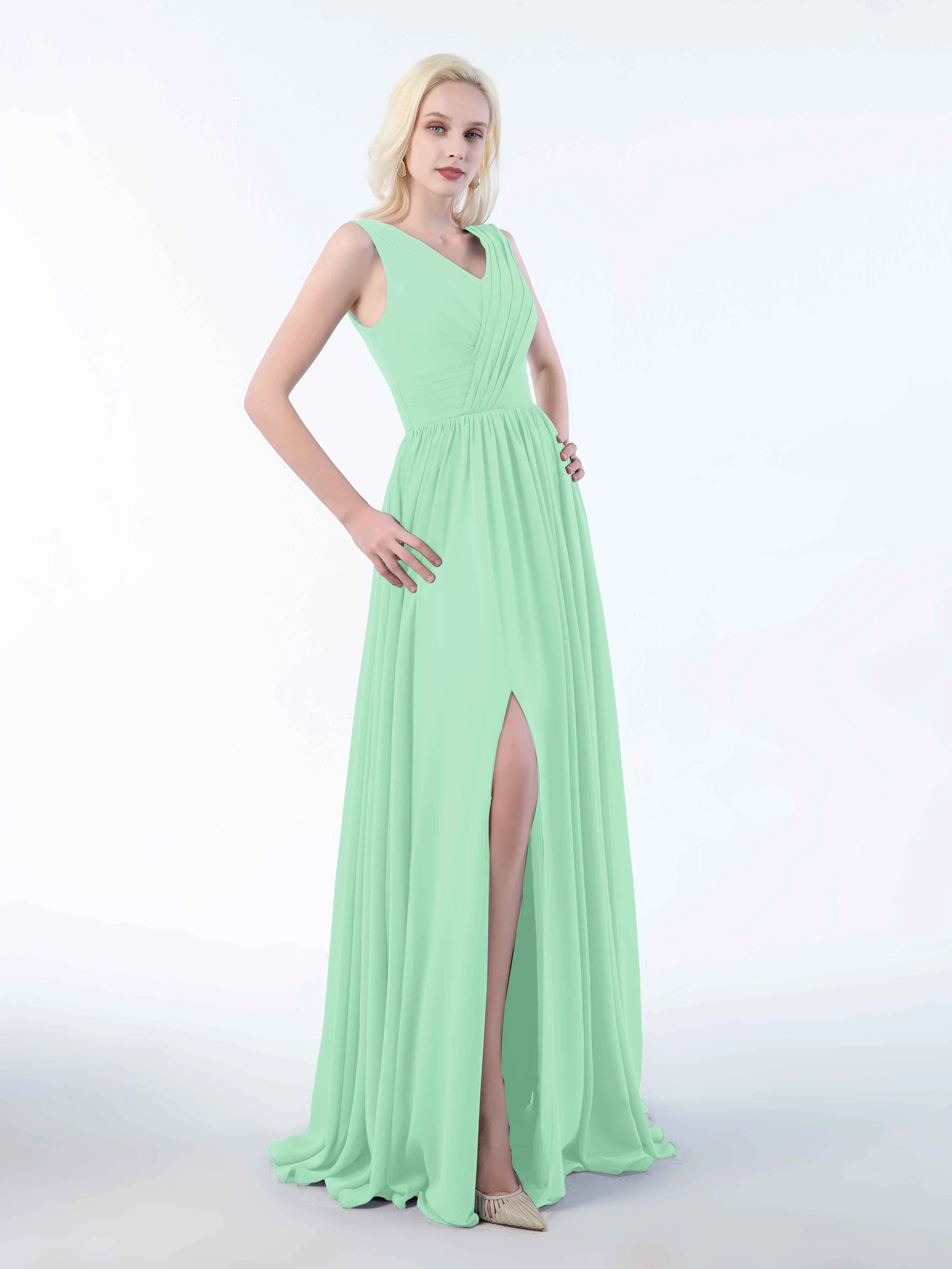 Khloe Flattering V Neck Pleated Floor Length Chiffon Bridesmaid Dresses