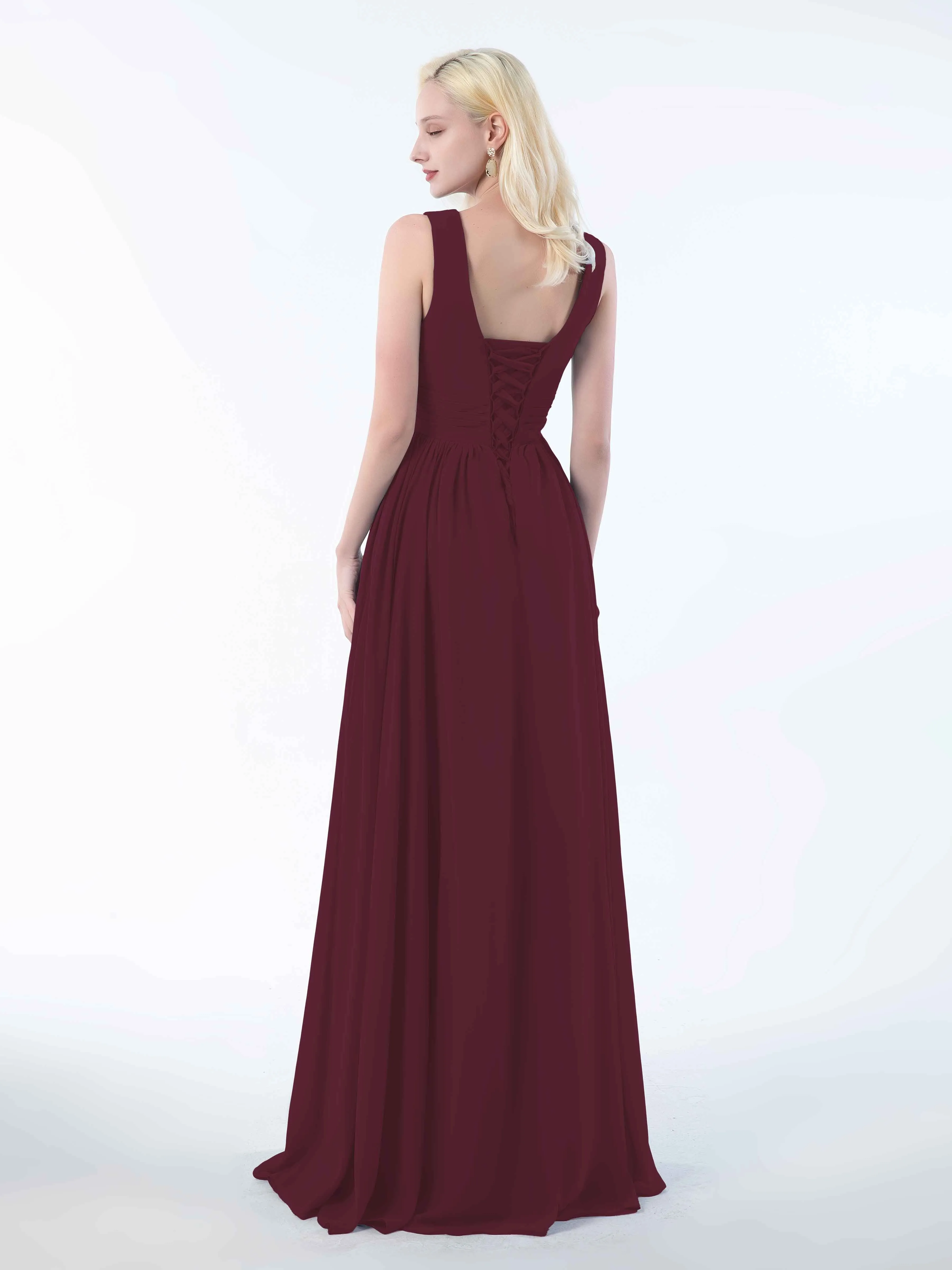 Khloe Flattering V Neck Pleated Floor Length Chiffon Bridesmaid Dresses