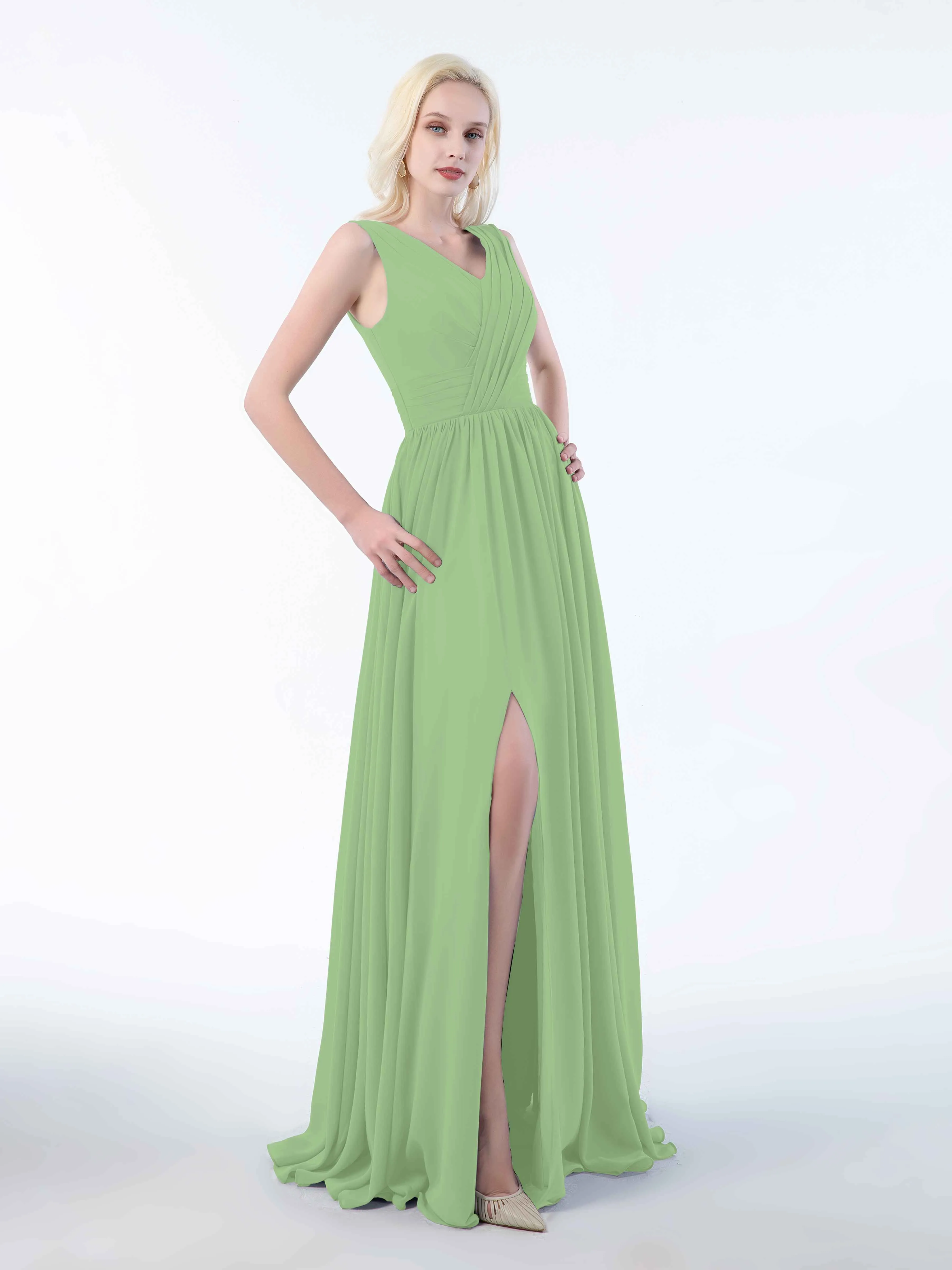 Khloe Flattering V Neck Pleated Floor Length Chiffon Bridesmaid Dresses