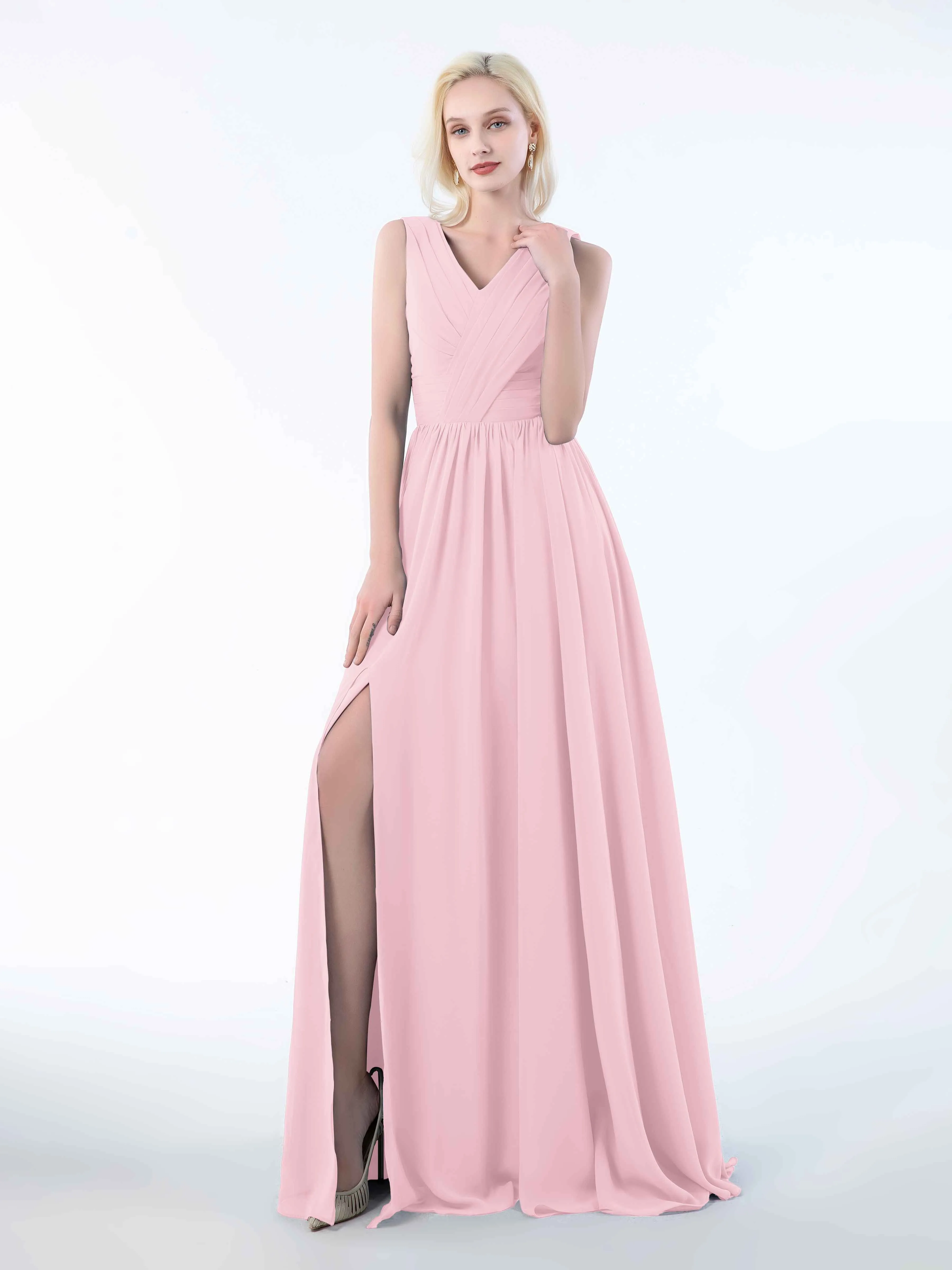Khloe Flattering V Neck Pleated Floor Length Chiffon Bridesmaid Dresses