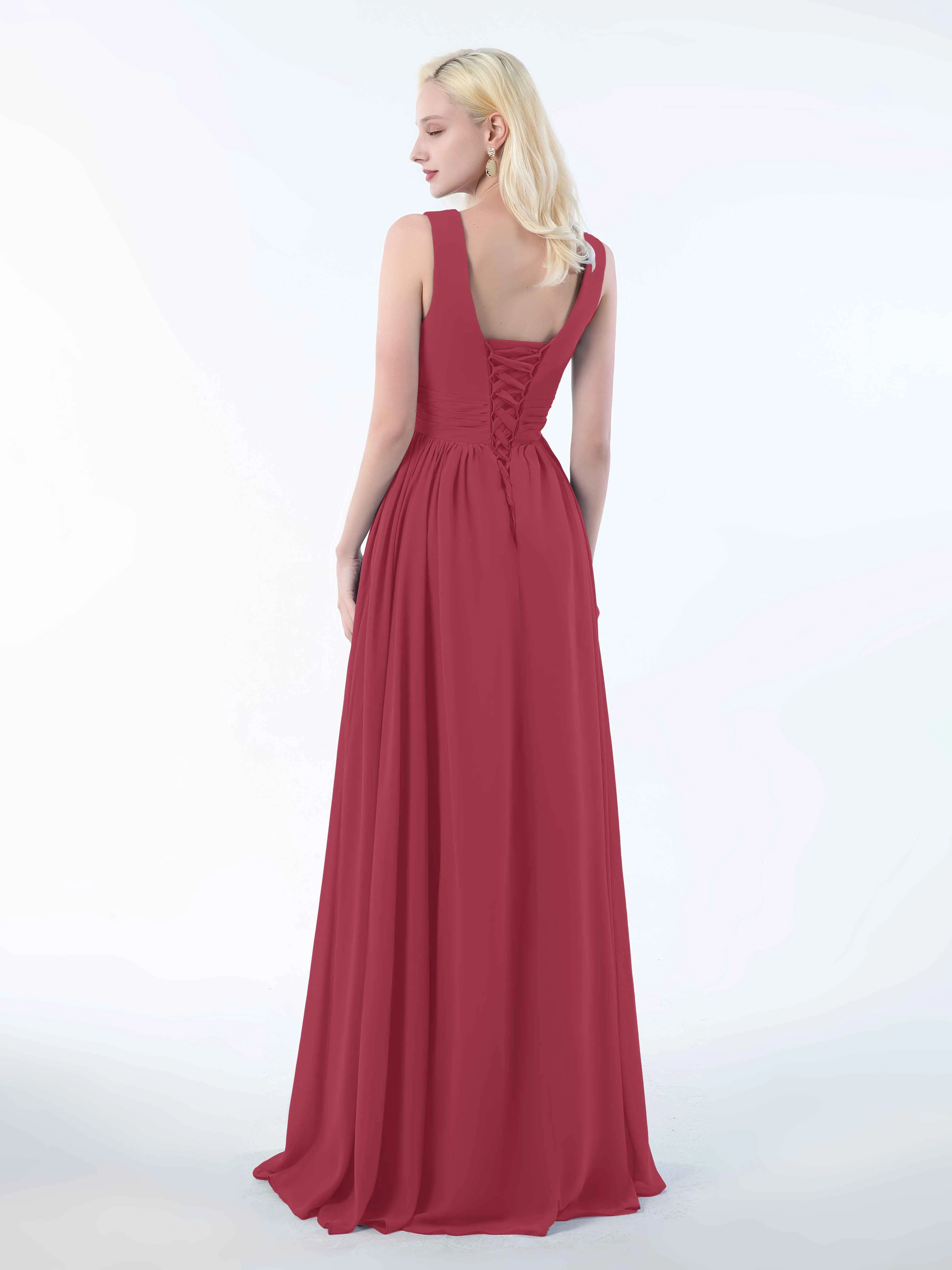 Khloe Flattering V Neck Pleated Floor Length Chiffon Bridesmaid Dresses