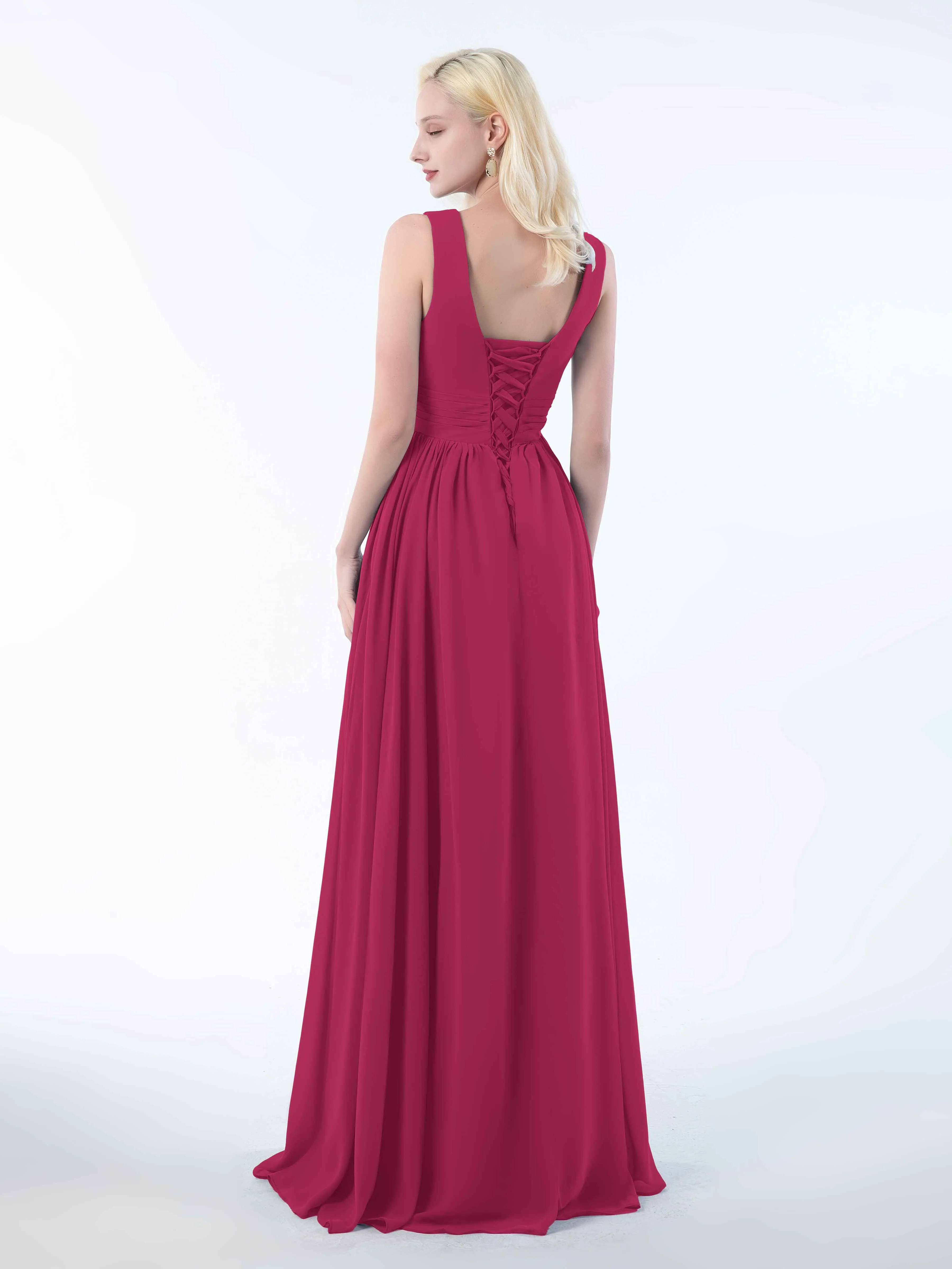 Khloe Flattering V Neck Pleated Floor Length Chiffon Bridesmaid Dresses