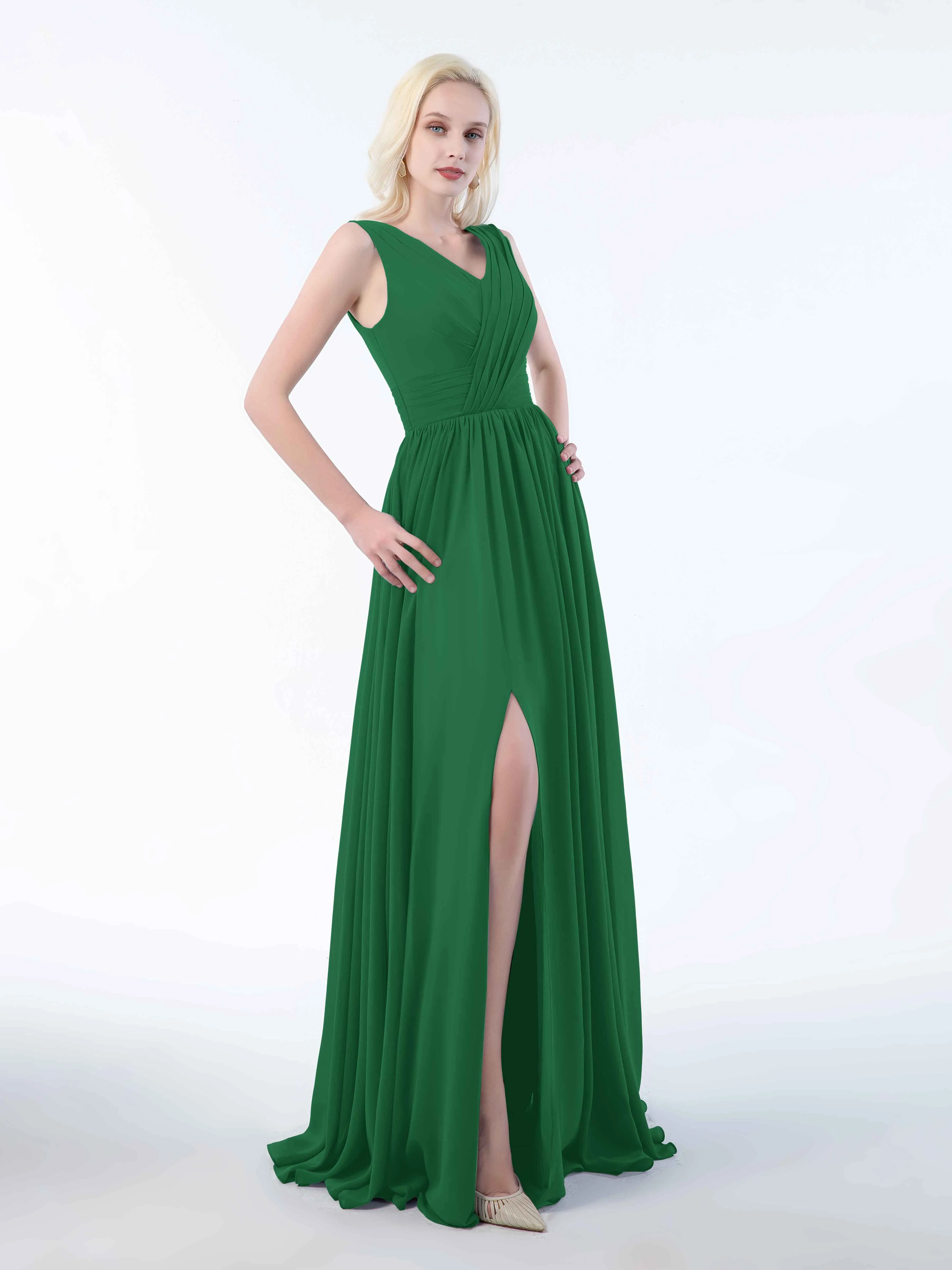 Khloe Flattering V Neck Pleated Floor Length Chiffon Bridesmaid Dresses