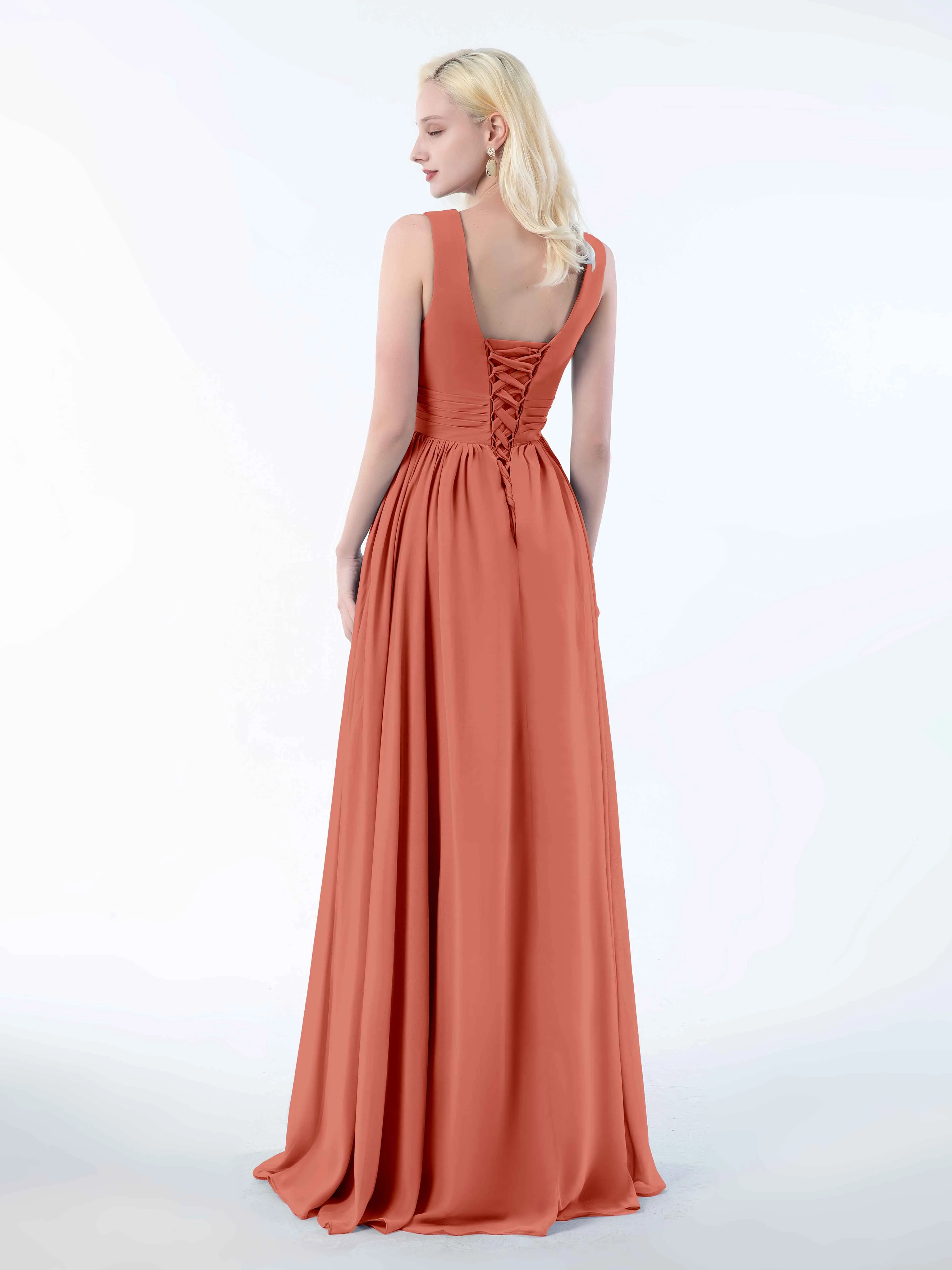 Khloe Flattering V Neck Pleated Floor Length Chiffon Bridesmaid Dresses