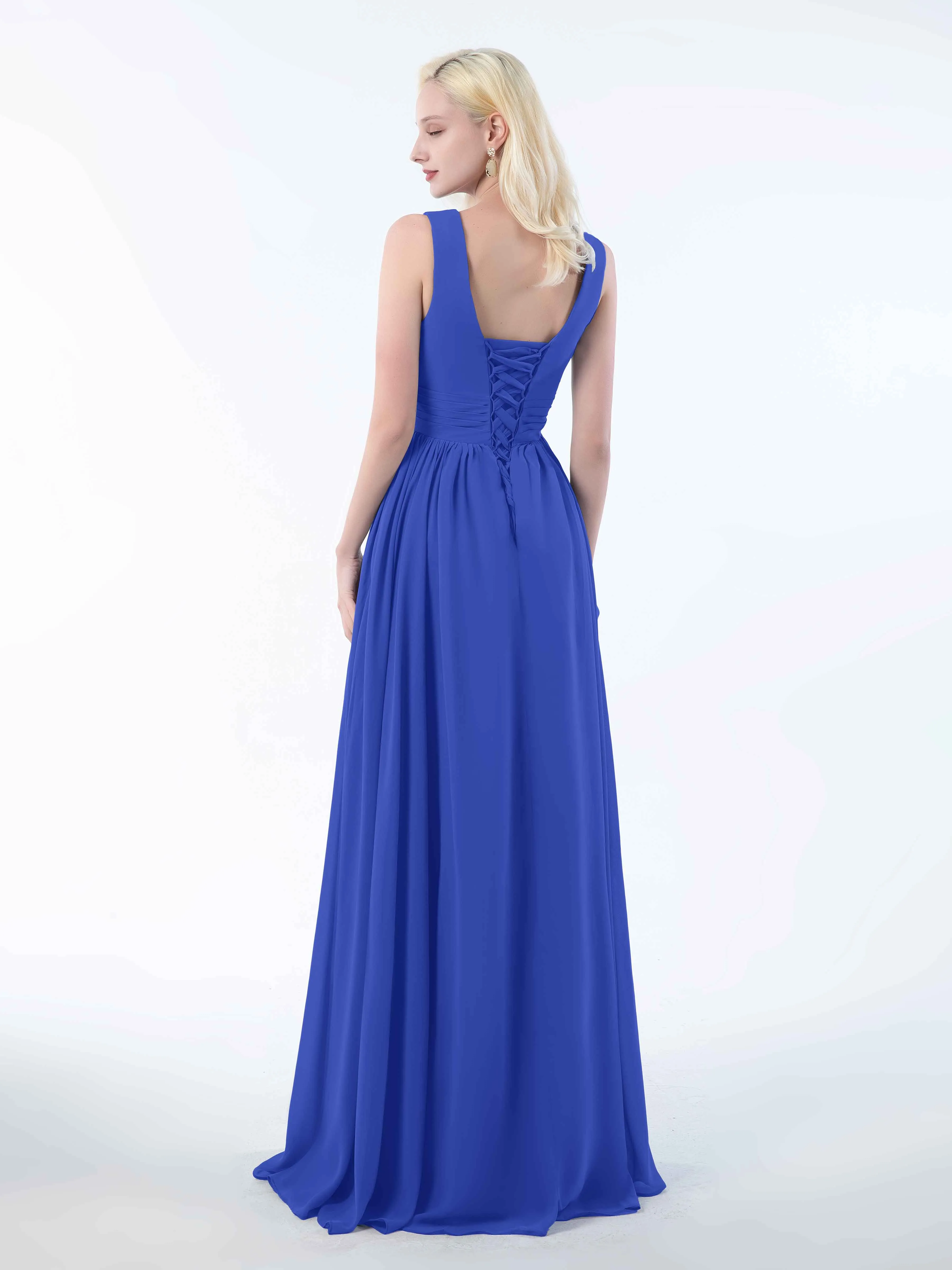 Khloe Flattering V Neck Pleated Floor Length Chiffon Bridesmaid Dresses