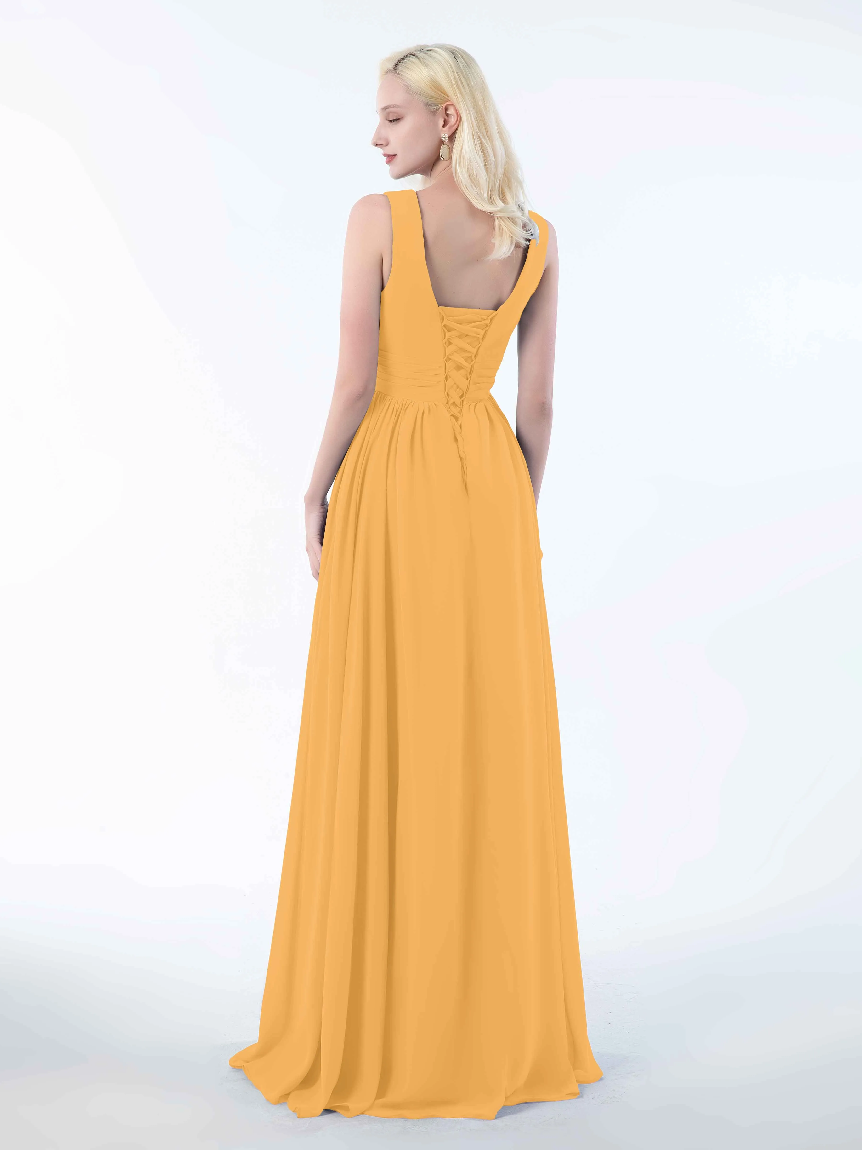 Khloe Flattering V Neck Pleated Floor Length Chiffon Bridesmaid Dresses