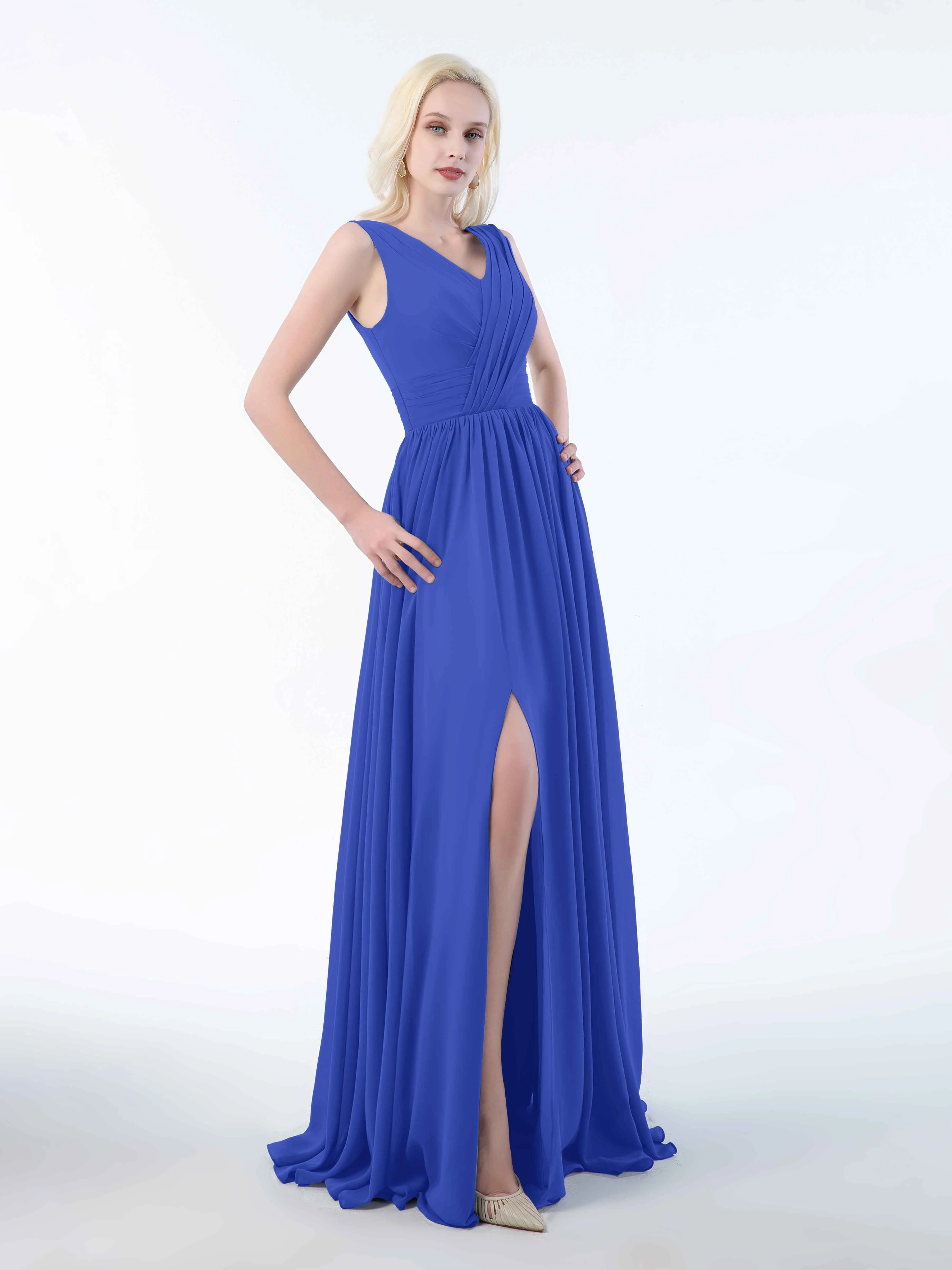 Khloe Flattering V Neck Pleated Floor Length Chiffon Bridesmaid Dresses
