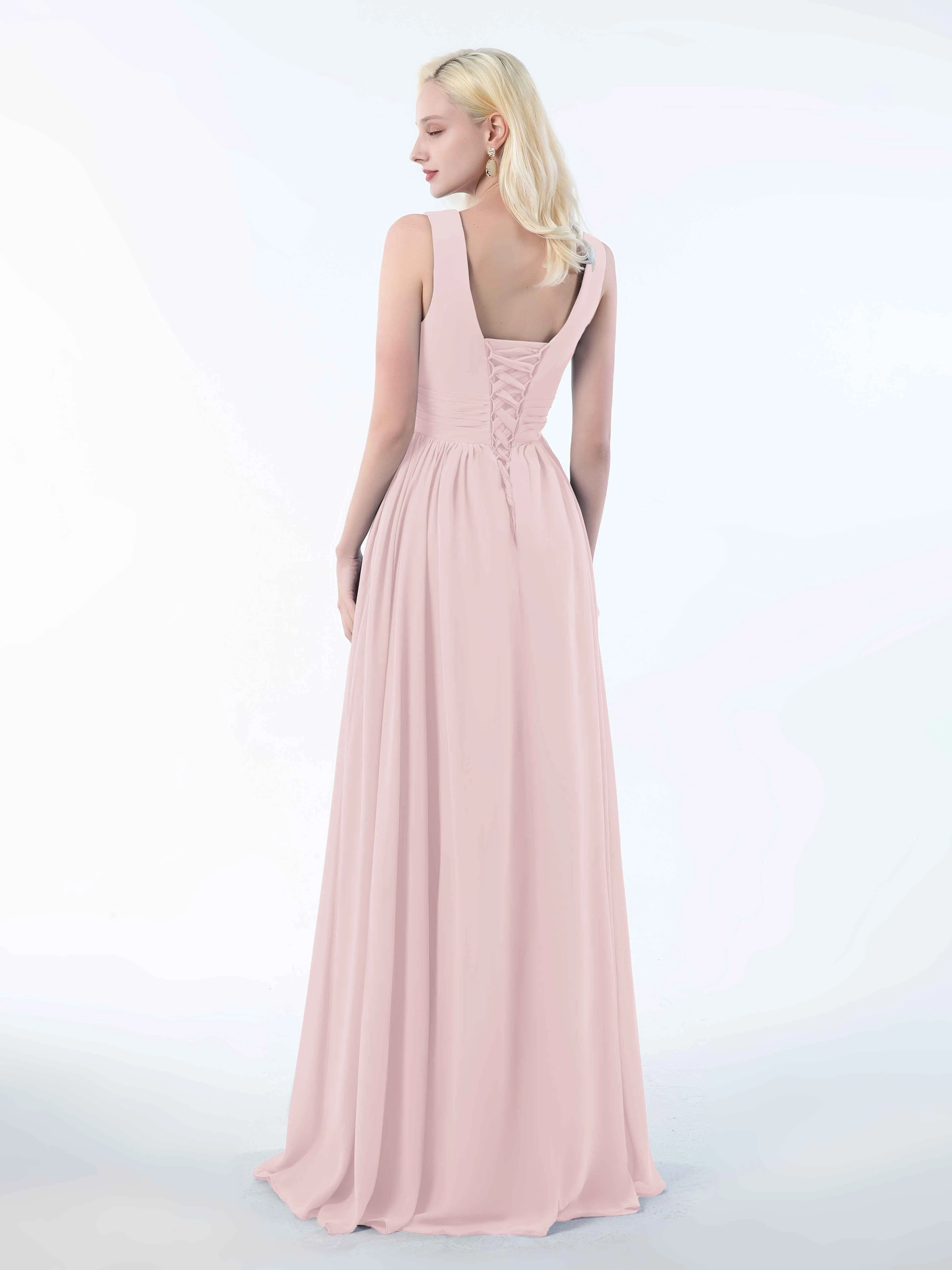 Khloe Flattering V Neck Pleated Floor Length Chiffon Bridesmaid Dresses