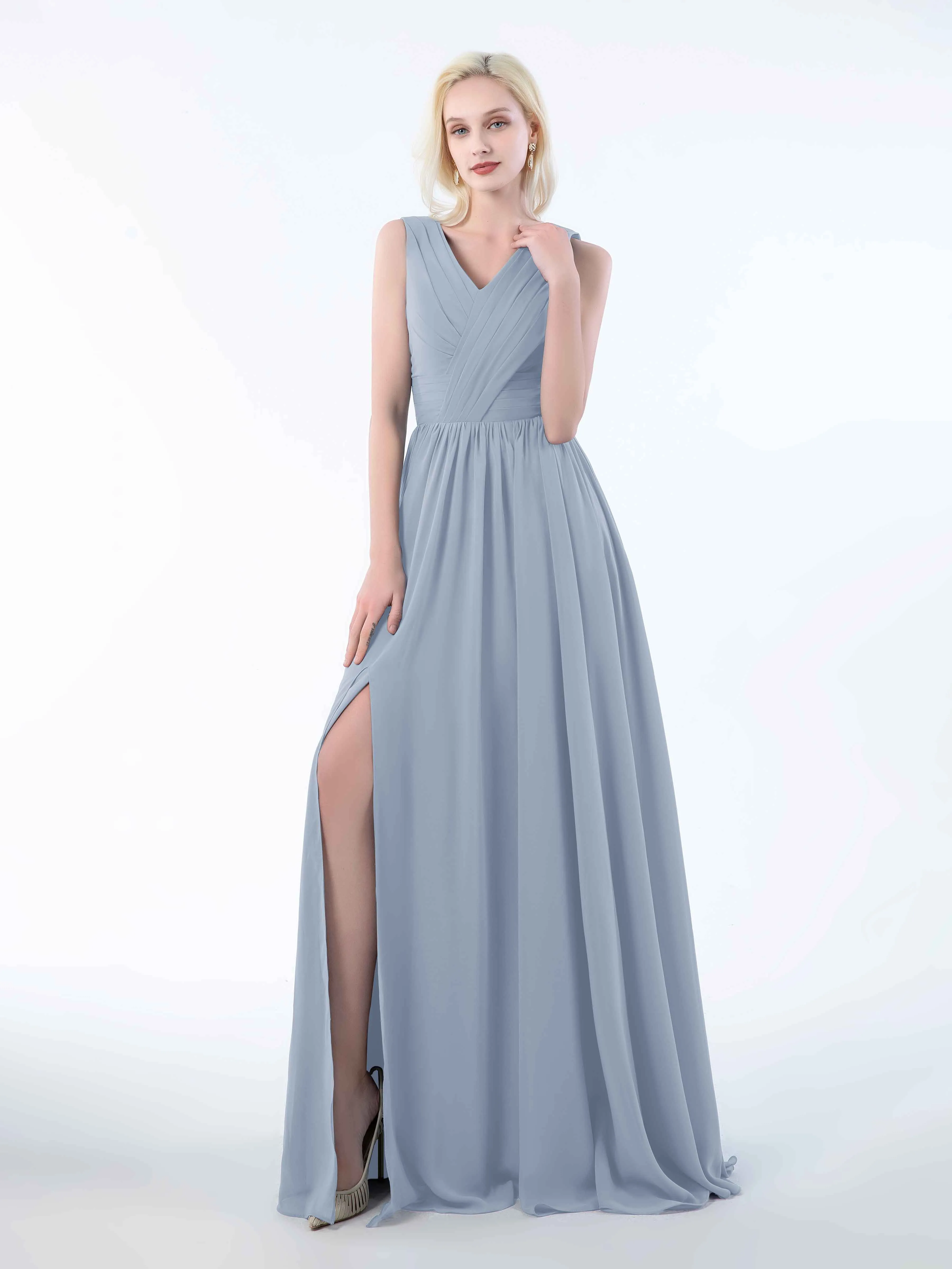 Khloe Flattering V Neck Pleated Floor Length Chiffon Bridesmaid Dresses
