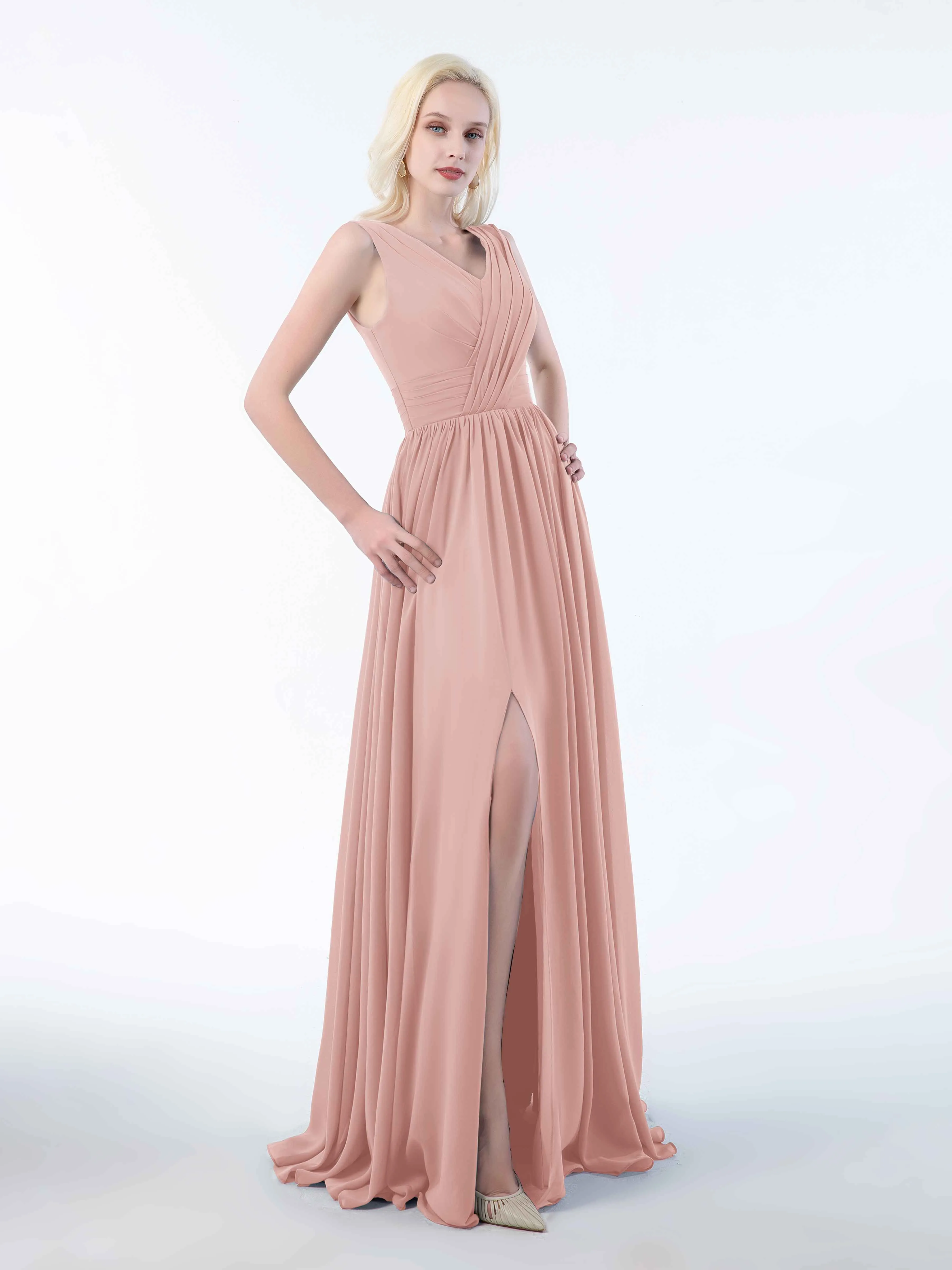 Khloe Flattering V Neck Pleated Floor Length Chiffon Bridesmaid Dresses