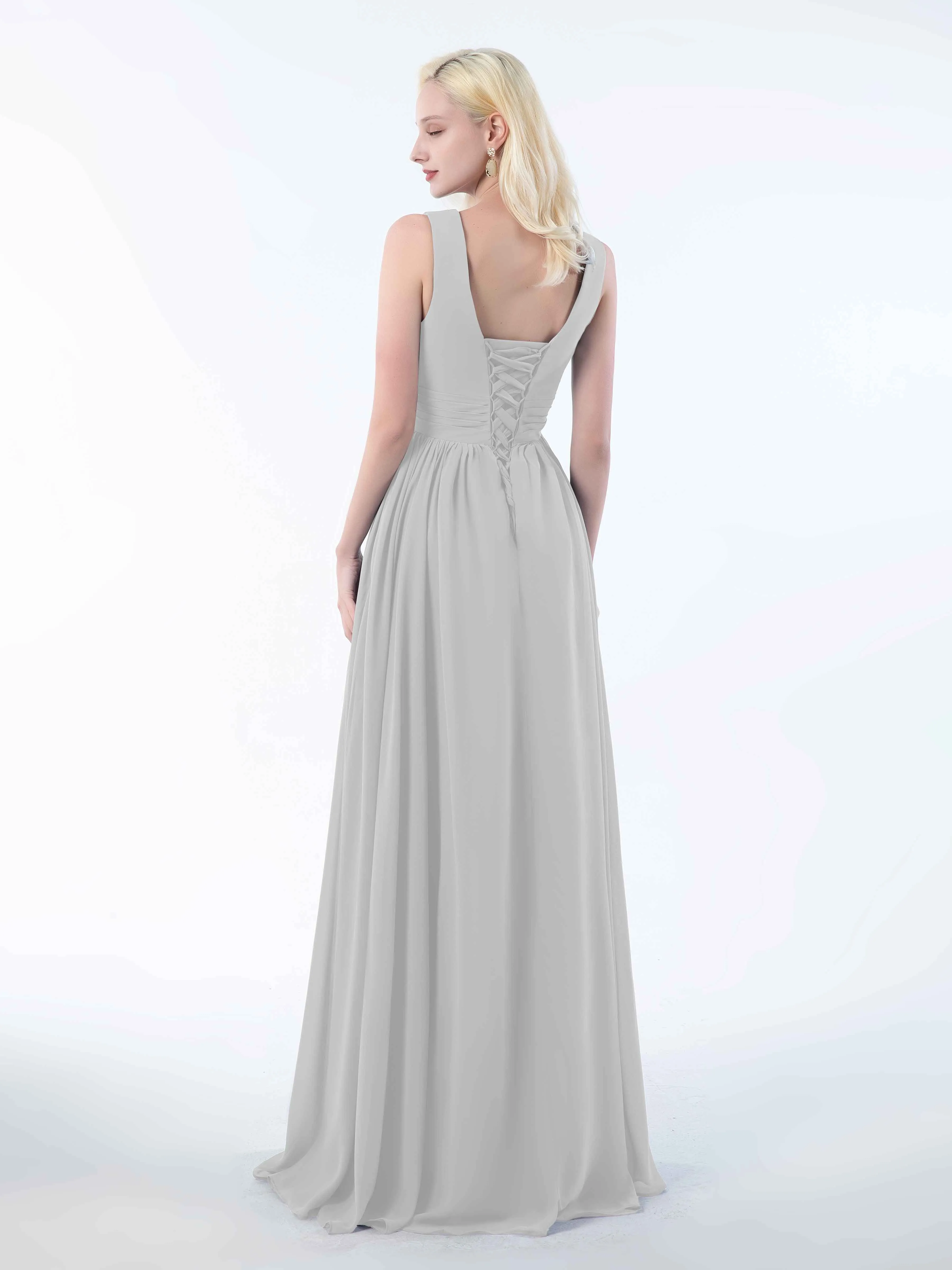 Khloe Flattering V Neck Pleated Floor Length Chiffon Bridesmaid Dresses