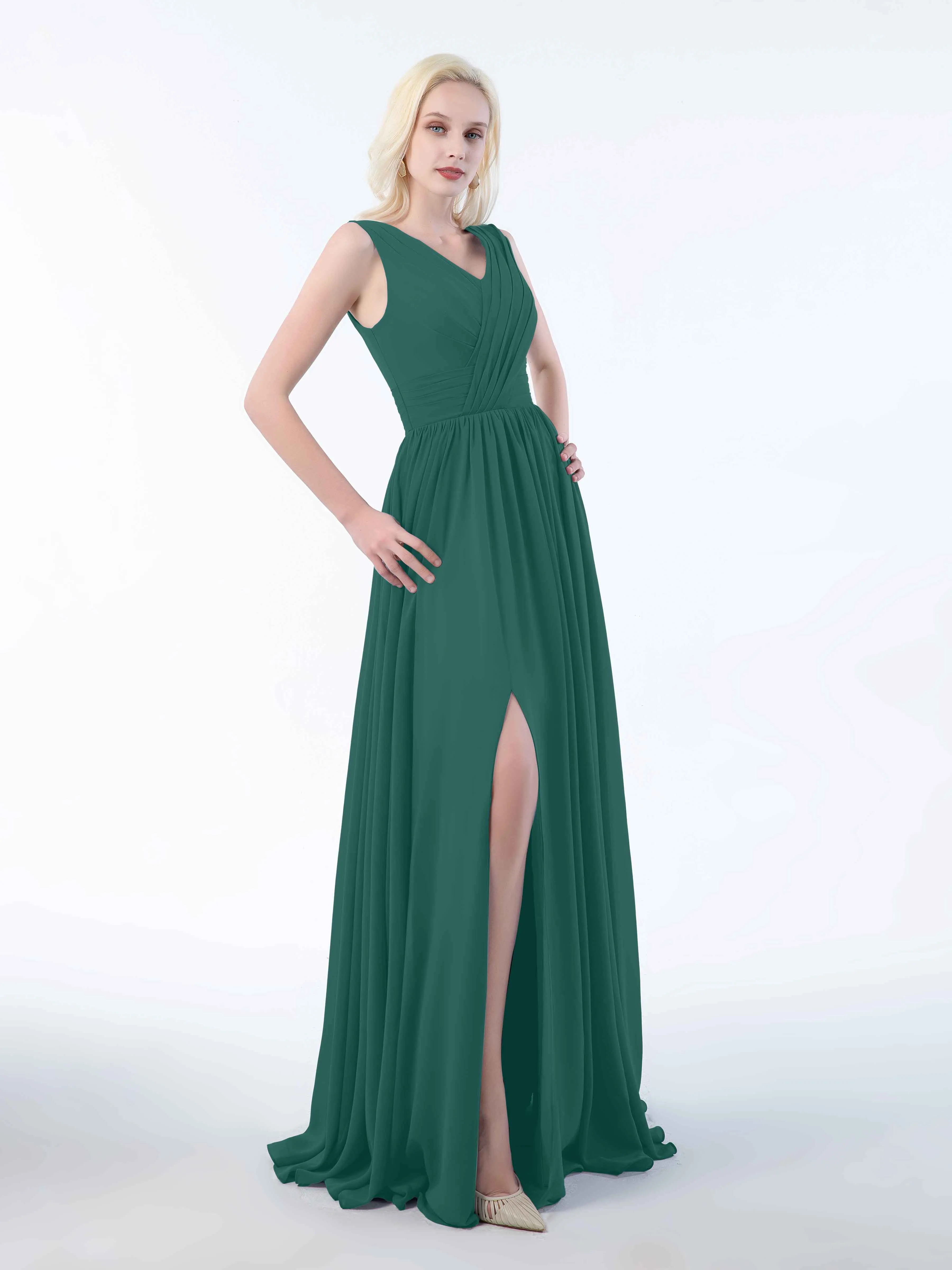 Khloe Flattering V Neck Pleated Floor Length Chiffon Bridesmaid Dresses