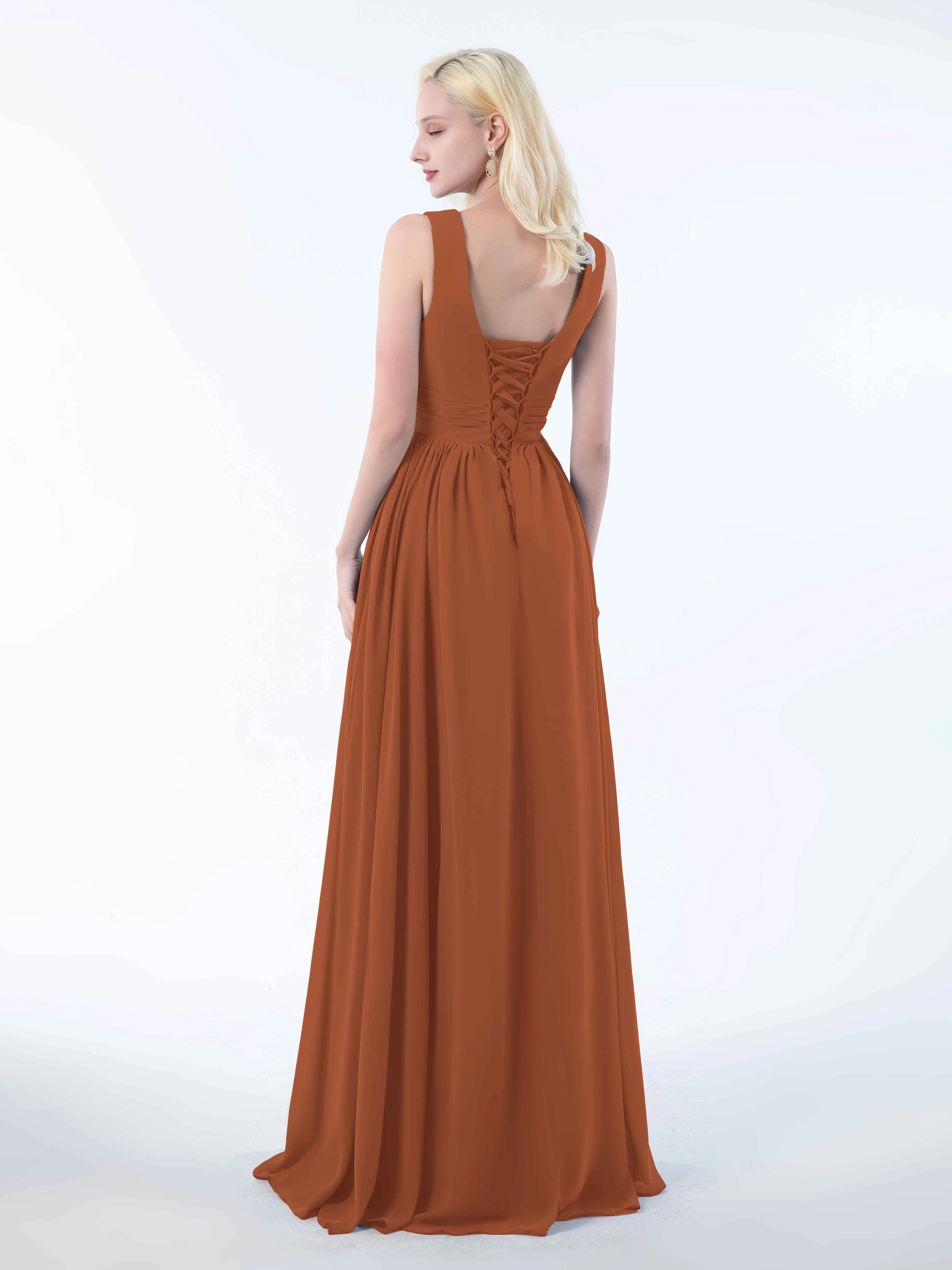 Khloe Flattering V Neck Pleated Floor Length Chiffon Bridesmaid Dresses