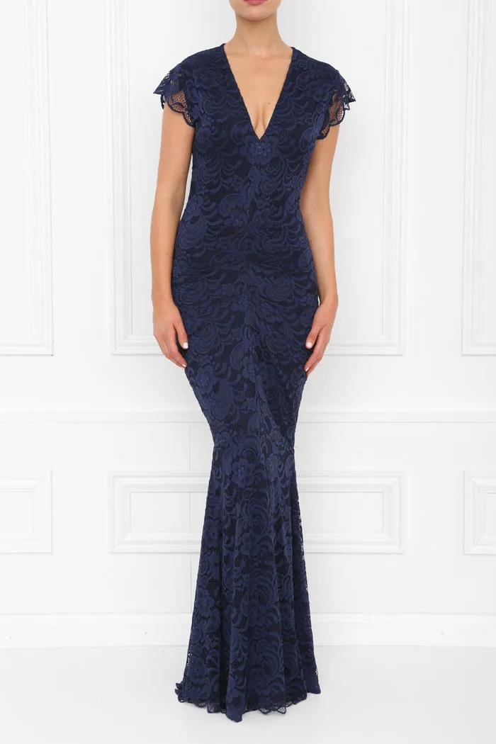 LANA NAVY LACE CAP SLEEVED WITH FISHTAIL MAXI DRESS