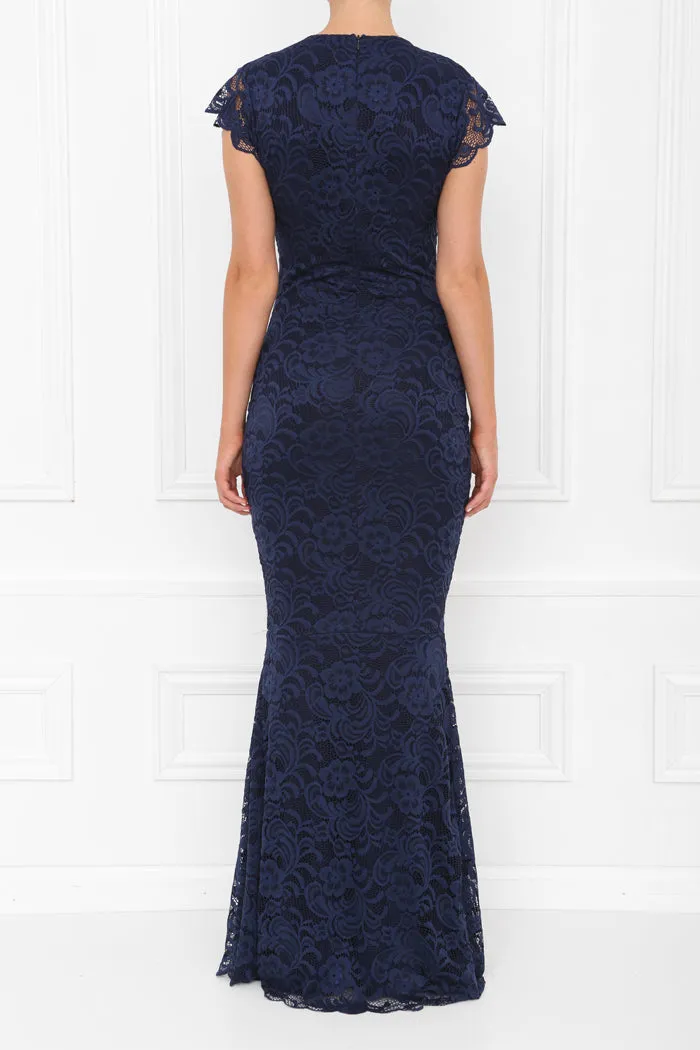 LANA NAVY LACE CAP SLEEVED WITH FISHTAIL MAXI DRESS
