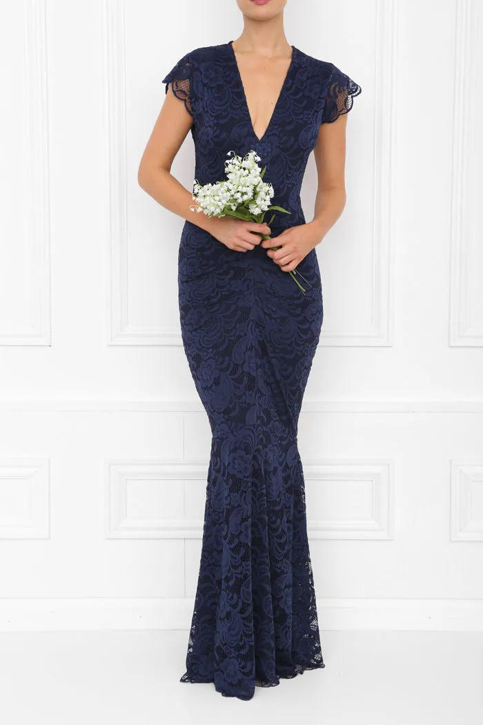 LANA NAVY LACE CAP SLEEVED WITH FISHTAIL MAXI DRESS
