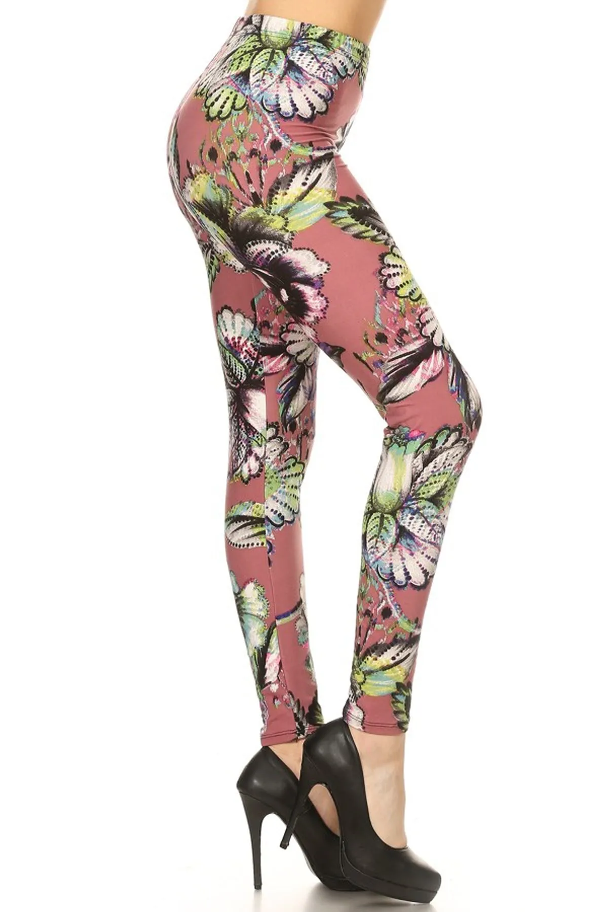 Leggings Depot Pink Floral Full Length Leggings (One Size)
