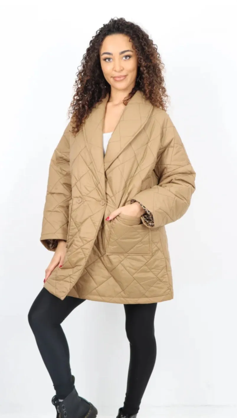 Leopard Lined Quilted Front Pockets Jacket