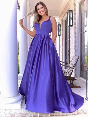 Long A Line V Neck Satin Prom Dress with Pockets Purple Formal Graduation Evening Dresses