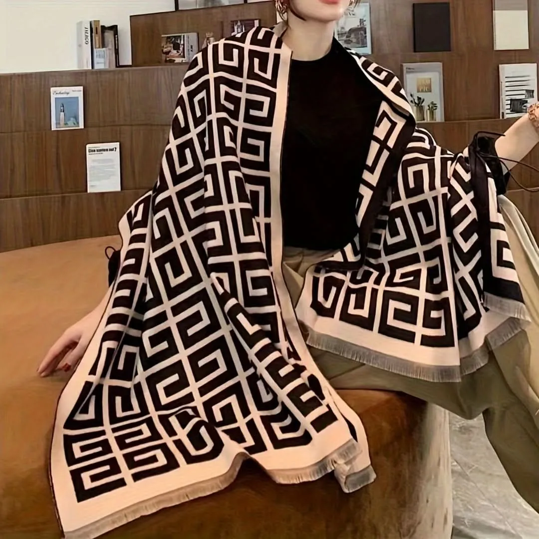 Luxurious Double G Jacquard Scarf – Soft Fringe Shawl