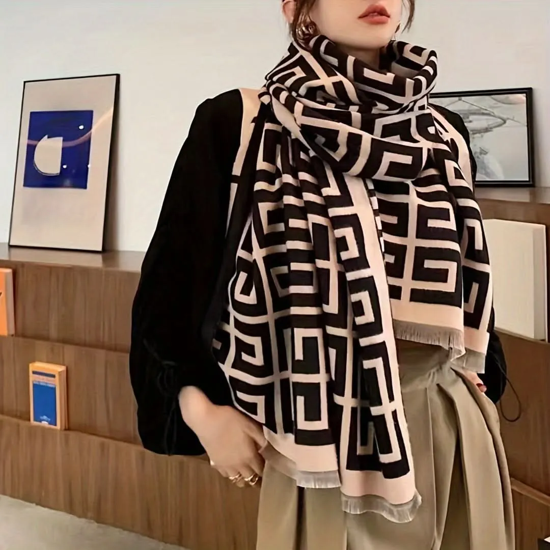 Luxurious Double G Jacquard Scarf – Soft Fringe Shawl