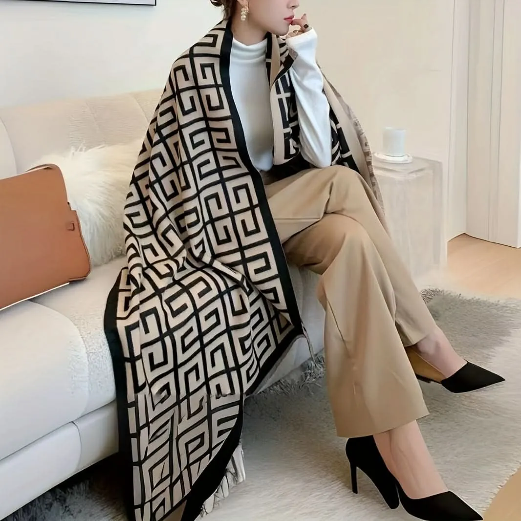 Luxurious Double G Jacquard Scarf – Soft Fringe Shawl