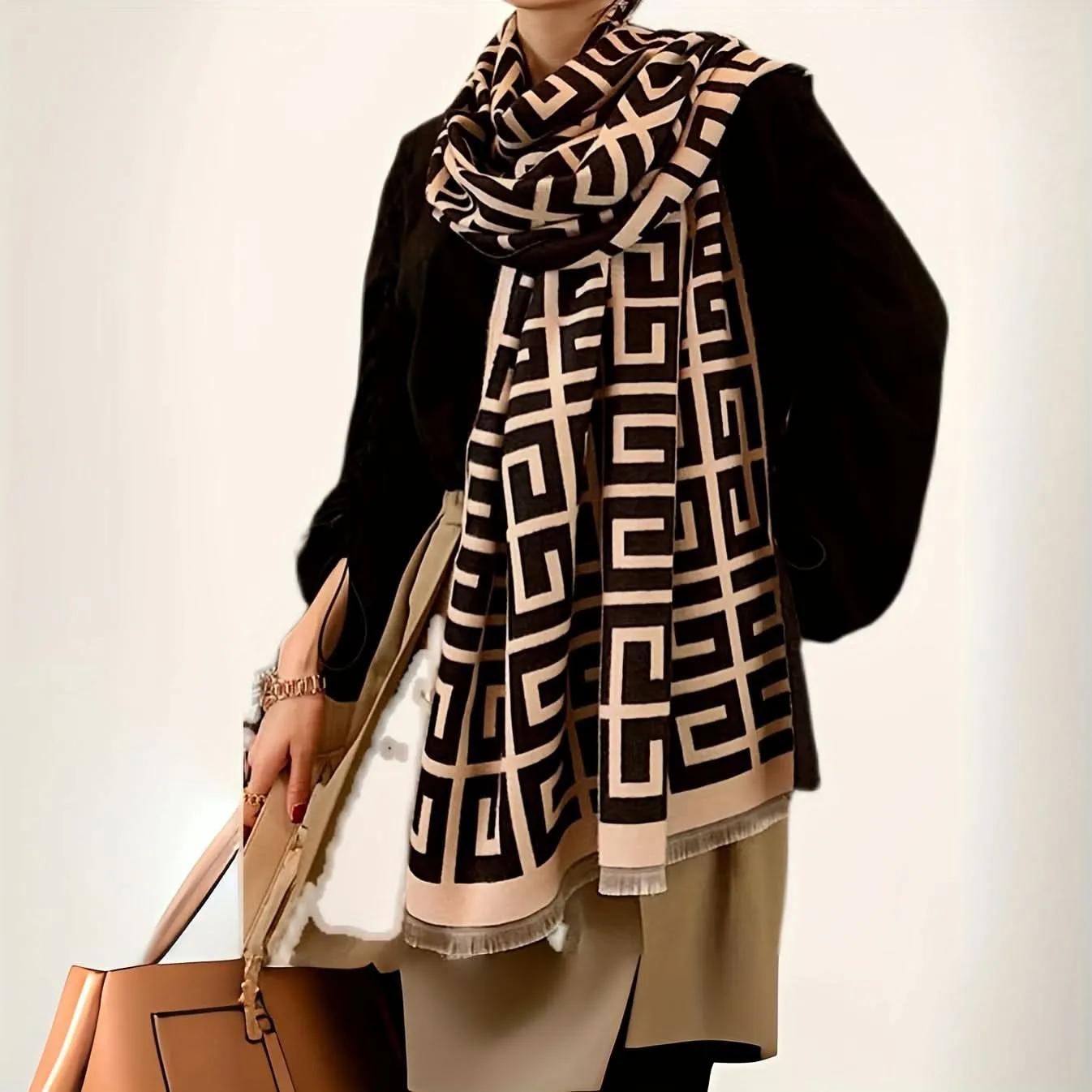 Luxurious Double G Jacquard Scarf – Soft Fringe Shawl