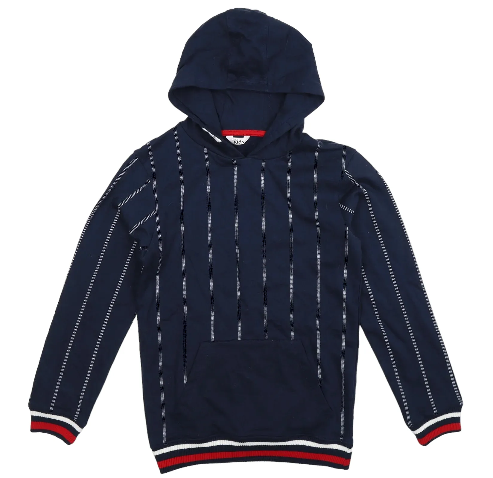 M&Co Boys Navy Hoodie Jumper with Red & White Stripe - Boys 11-12yrs