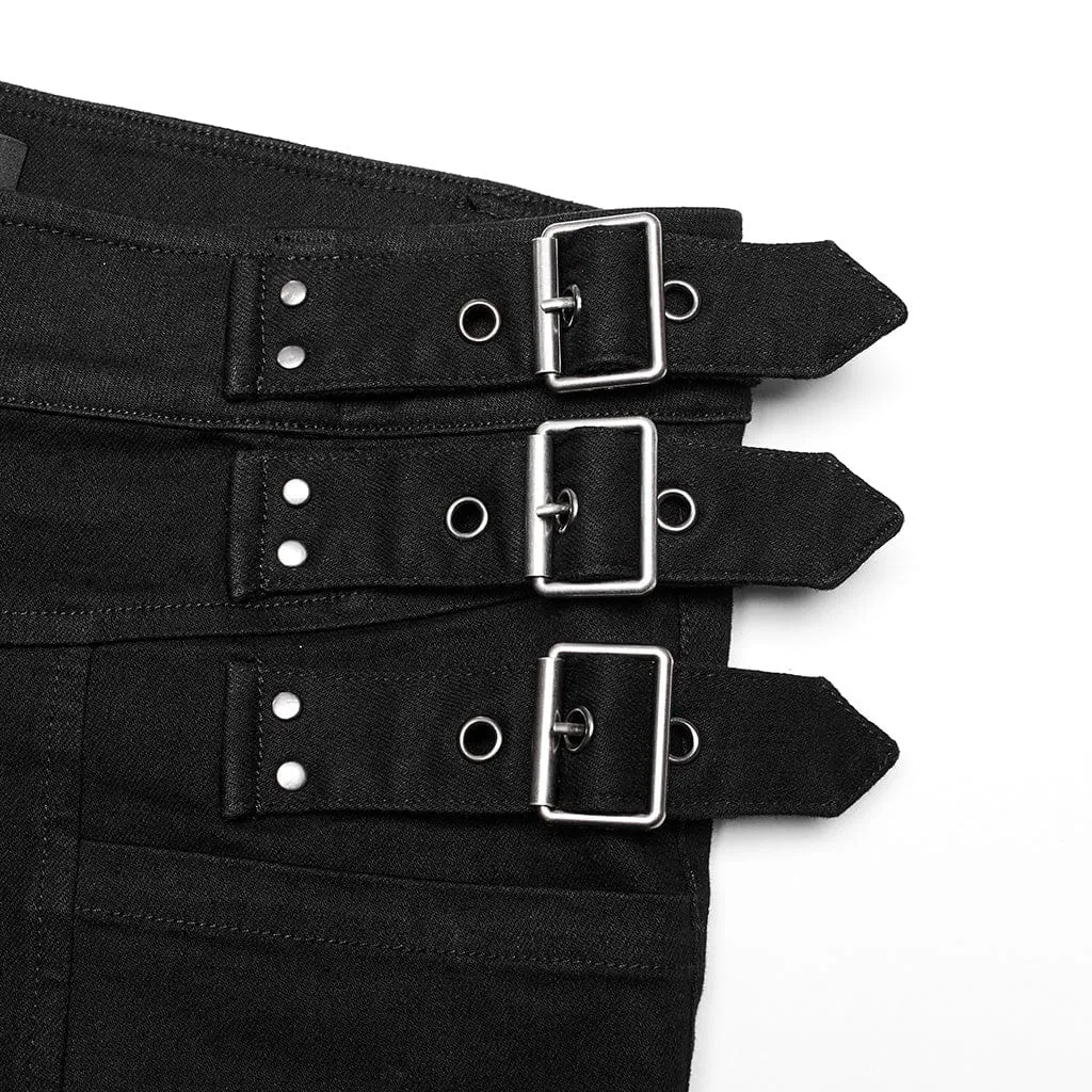 Men's Punk Straps Slim Fitted Straight Leg Jeans