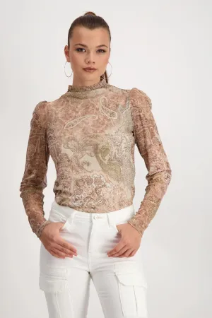 MONARI | STAND-UP COLLAR T-SHIRT | BROWN SUGAR PRINT | 808106
