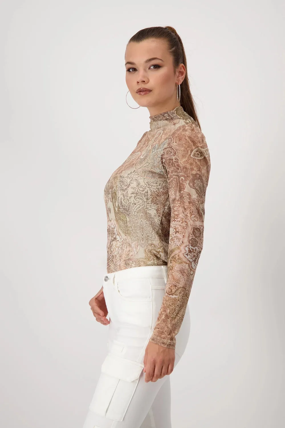 MONARI | STAND-UP COLLAR T-SHIRT | BROWN SUGAR PRINT | 808106
