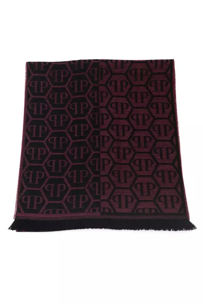 Philipp Plein Elegant Burgundy Monogram Fringe Scarf