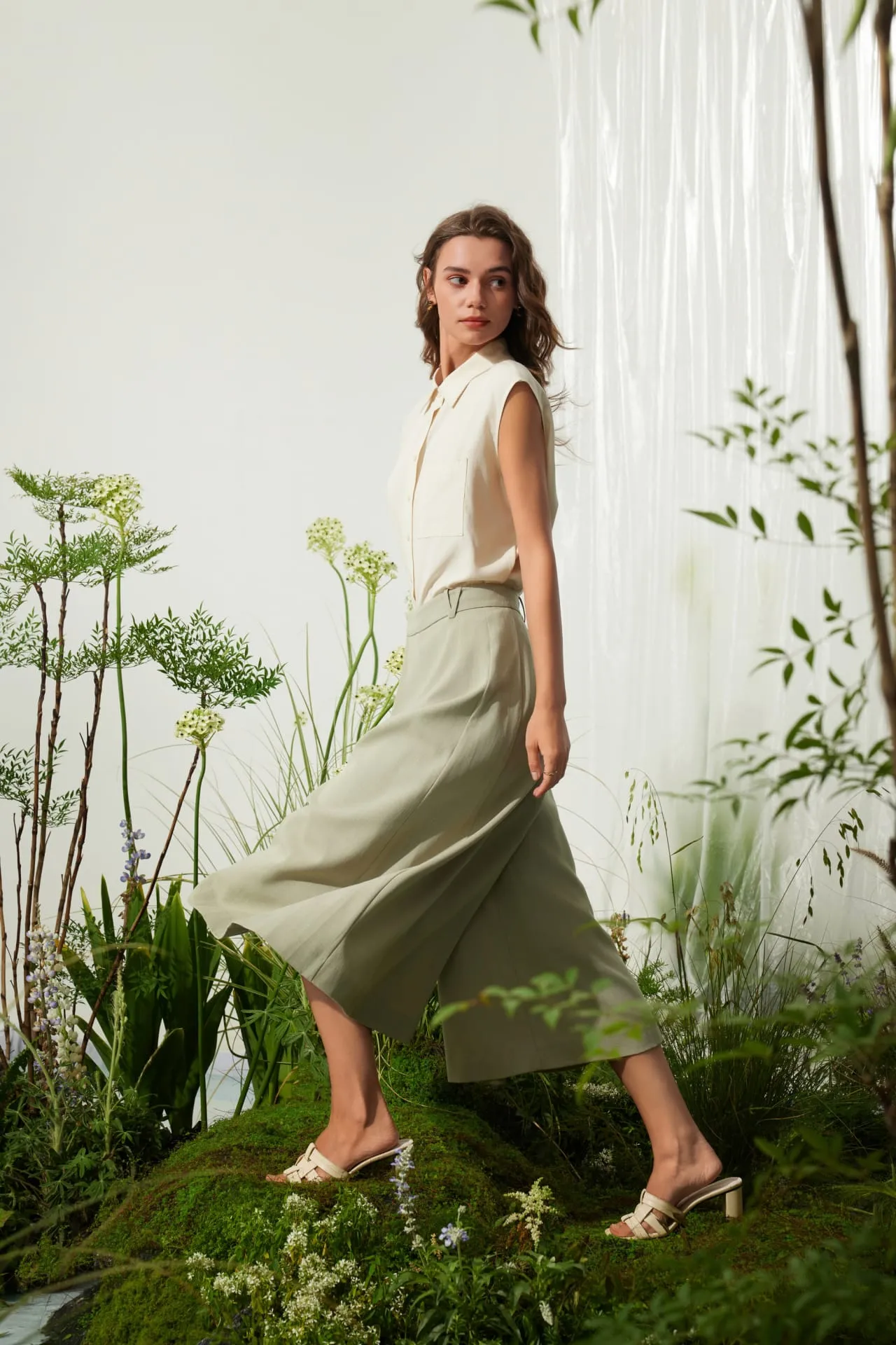 Rayon Blend Wide Leg  Casual Pants