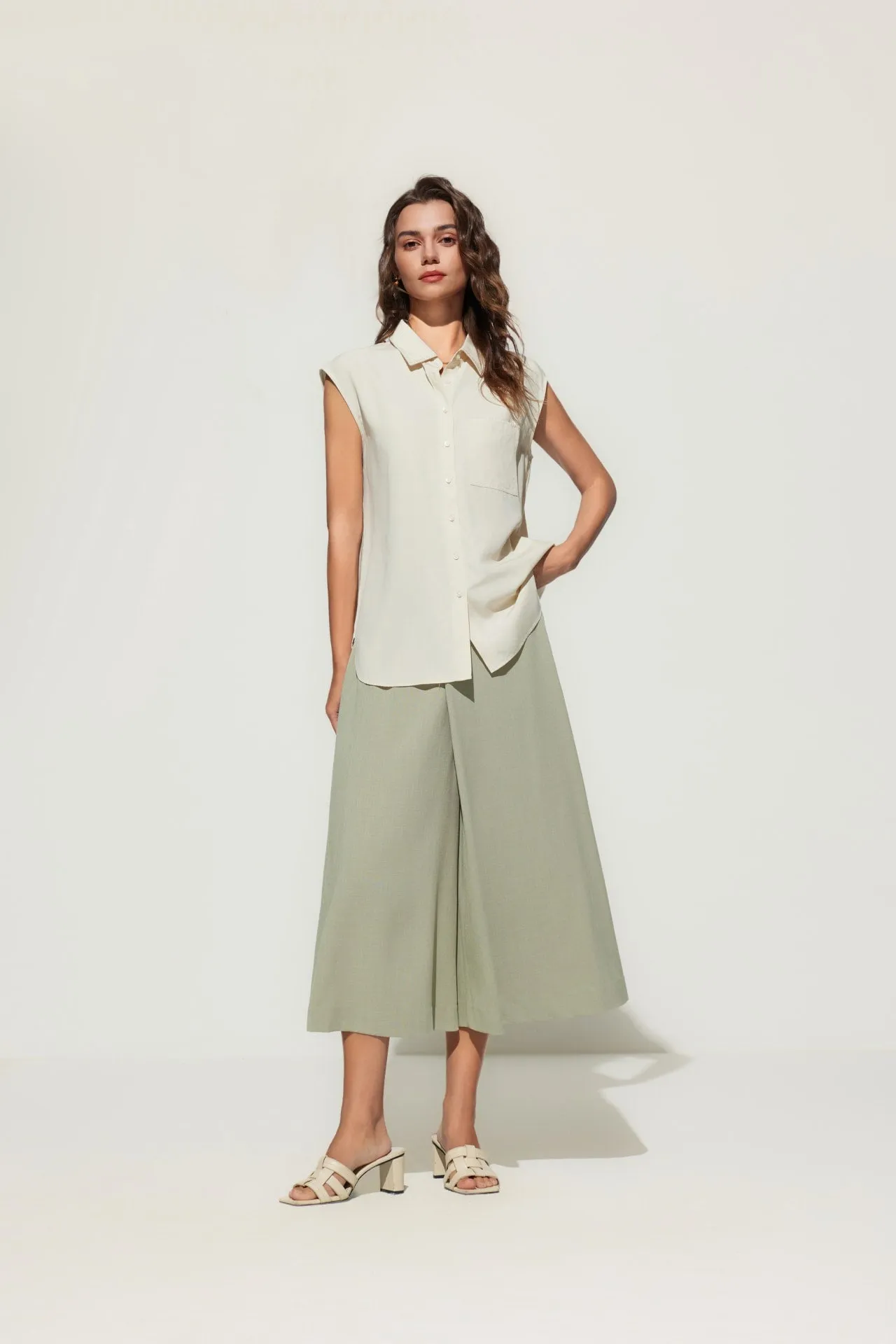 Rayon Blend Wide Leg  Casual Pants
