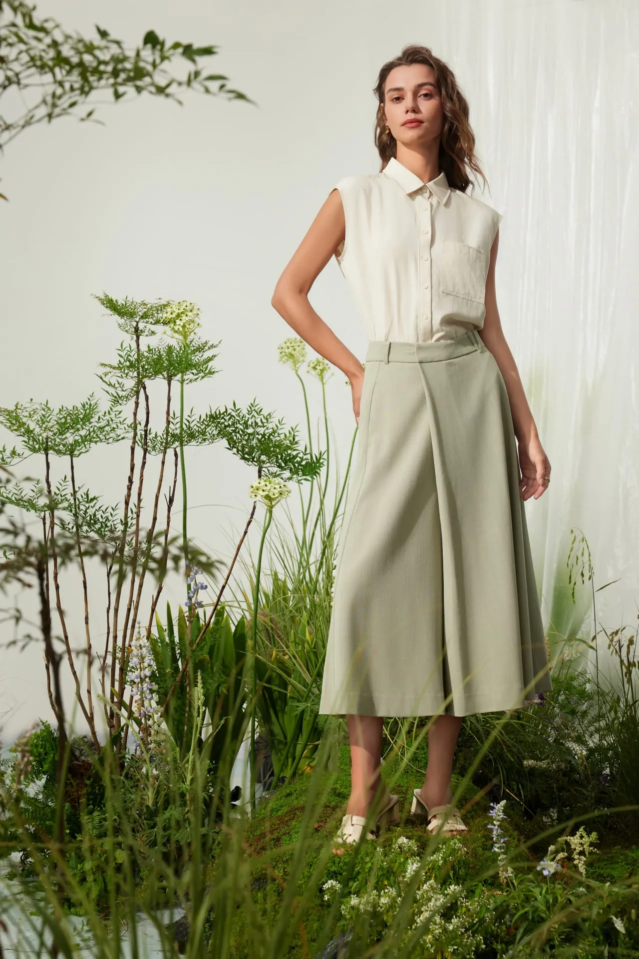 Rayon Blend Wide Leg  Casual Pants