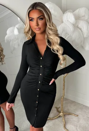 Ruched Forever Black Ruched Front Shirt Dress
