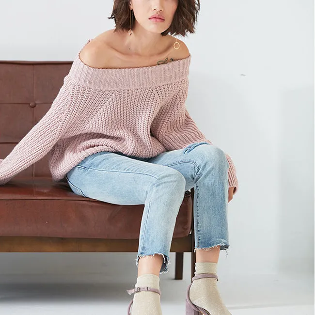 Scoop Long Lantern Sleeves Solid Color Loose Sweater