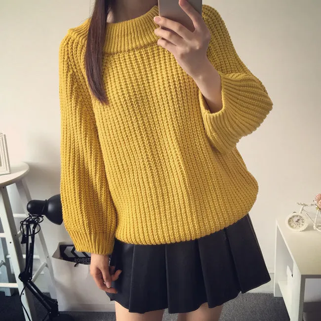 Scoop Long Lantern Sleeves Solid Color Loose Sweater