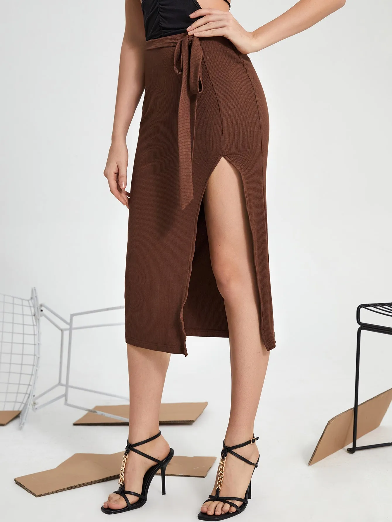 Sexy Plain Tie Front High Waist Midi Women Skirt