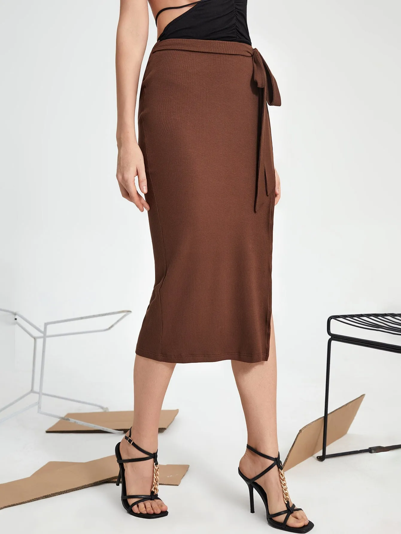 Sexy Plain Tie Front High Waist Midi Women Skirt