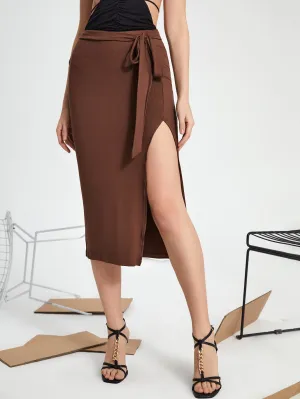 Sexy Plain Tie Front High Waist Midi Women Skirt