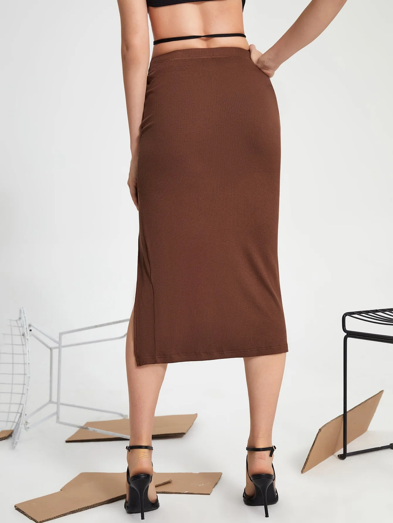 Sexy Plain Tie Front High Waist Midi Women Skirt