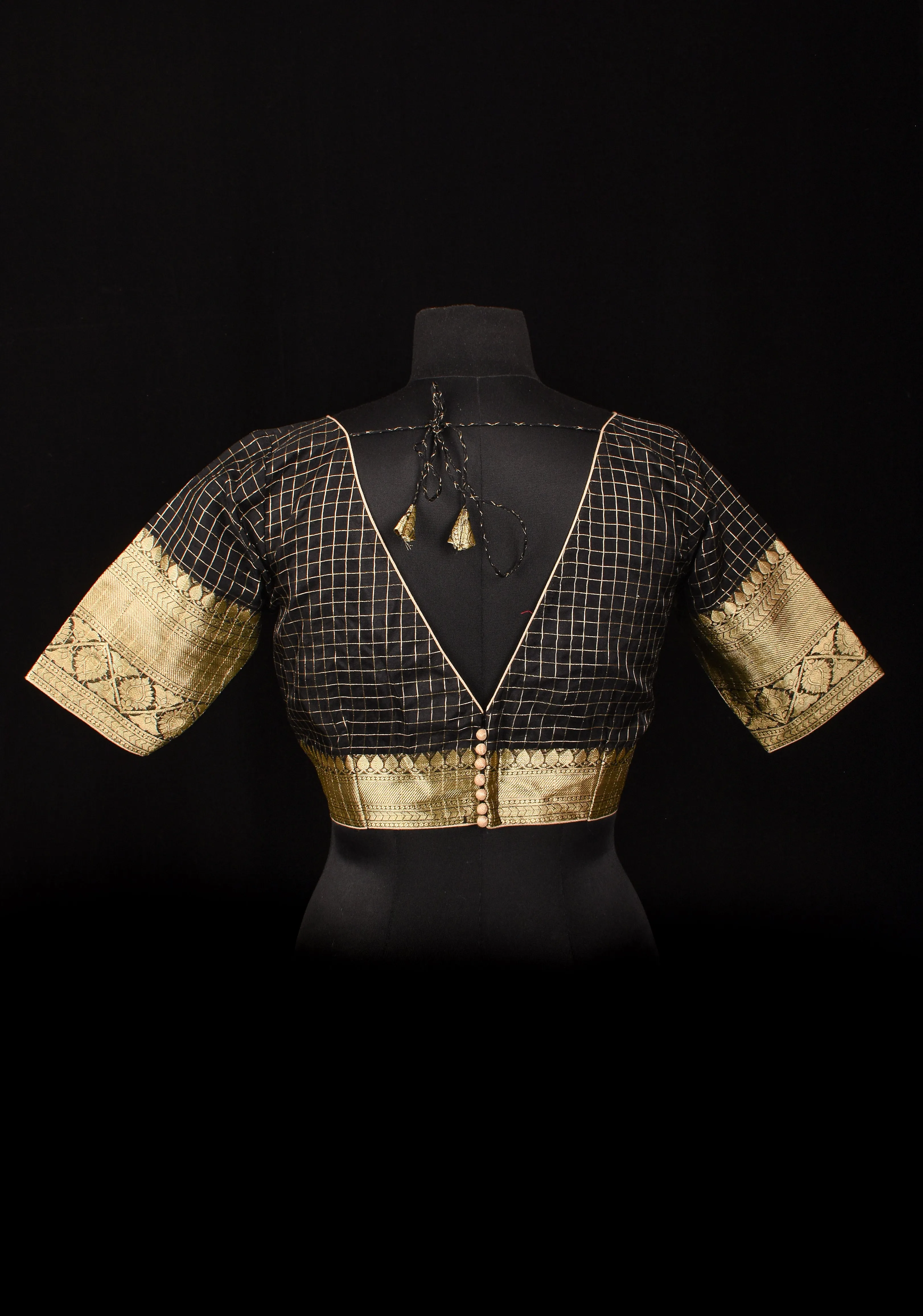 Size 36: Black Zari Checks Mercerised Cotton Blouse with Zari Border and V- neck at the back