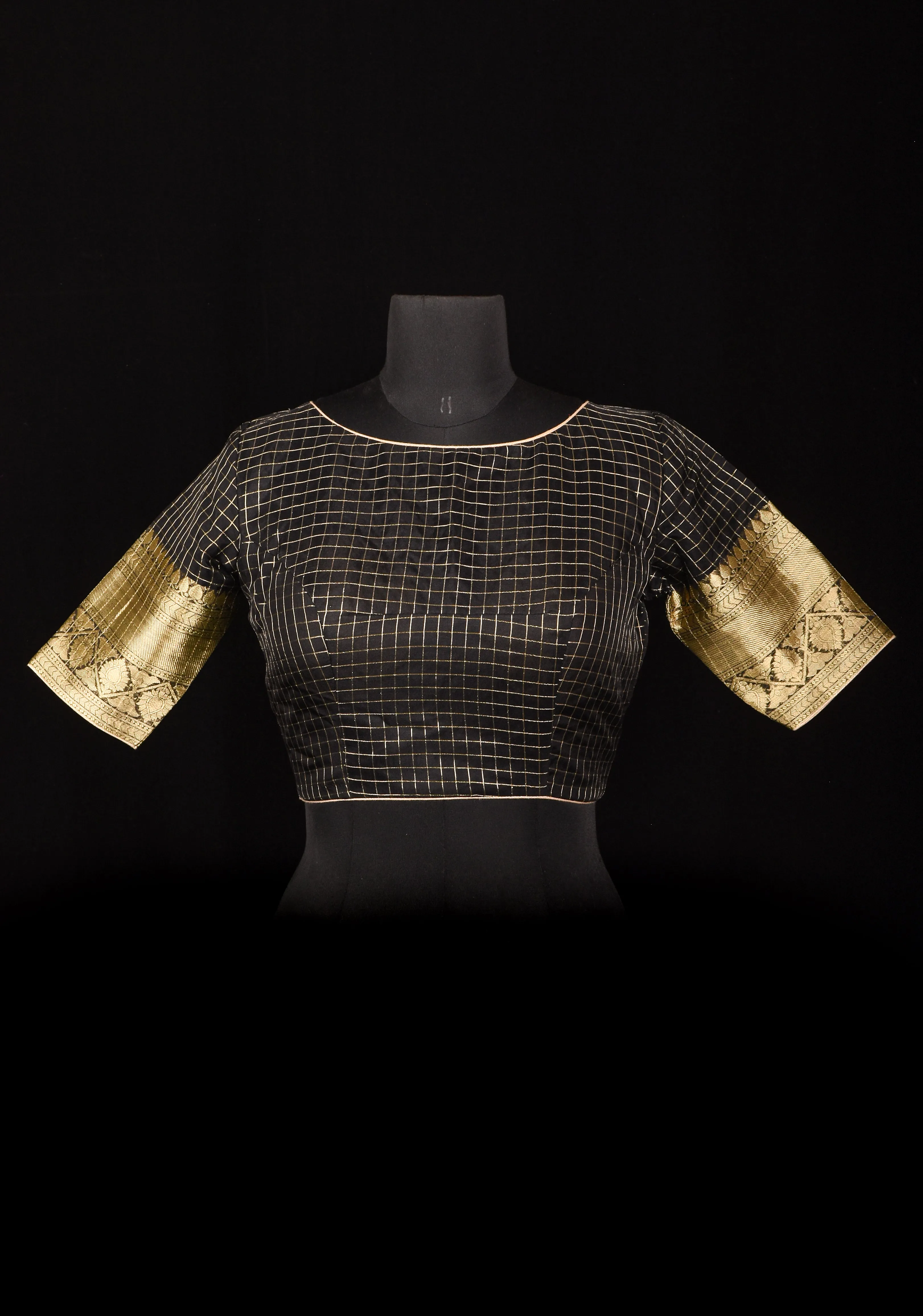 Size 36: Black Zari Checks Mercerised Cotton Blouse with Zari Border and V- neck at the back