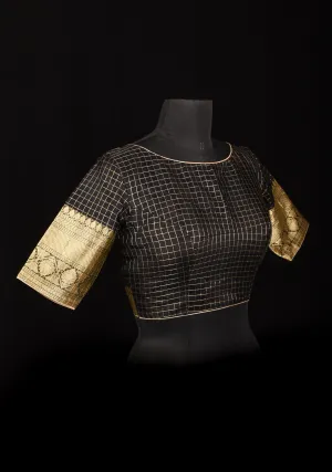 Size 36: Black Zari Checks Mercerised Cotton Blouse with Zari Border and V- neck at the back