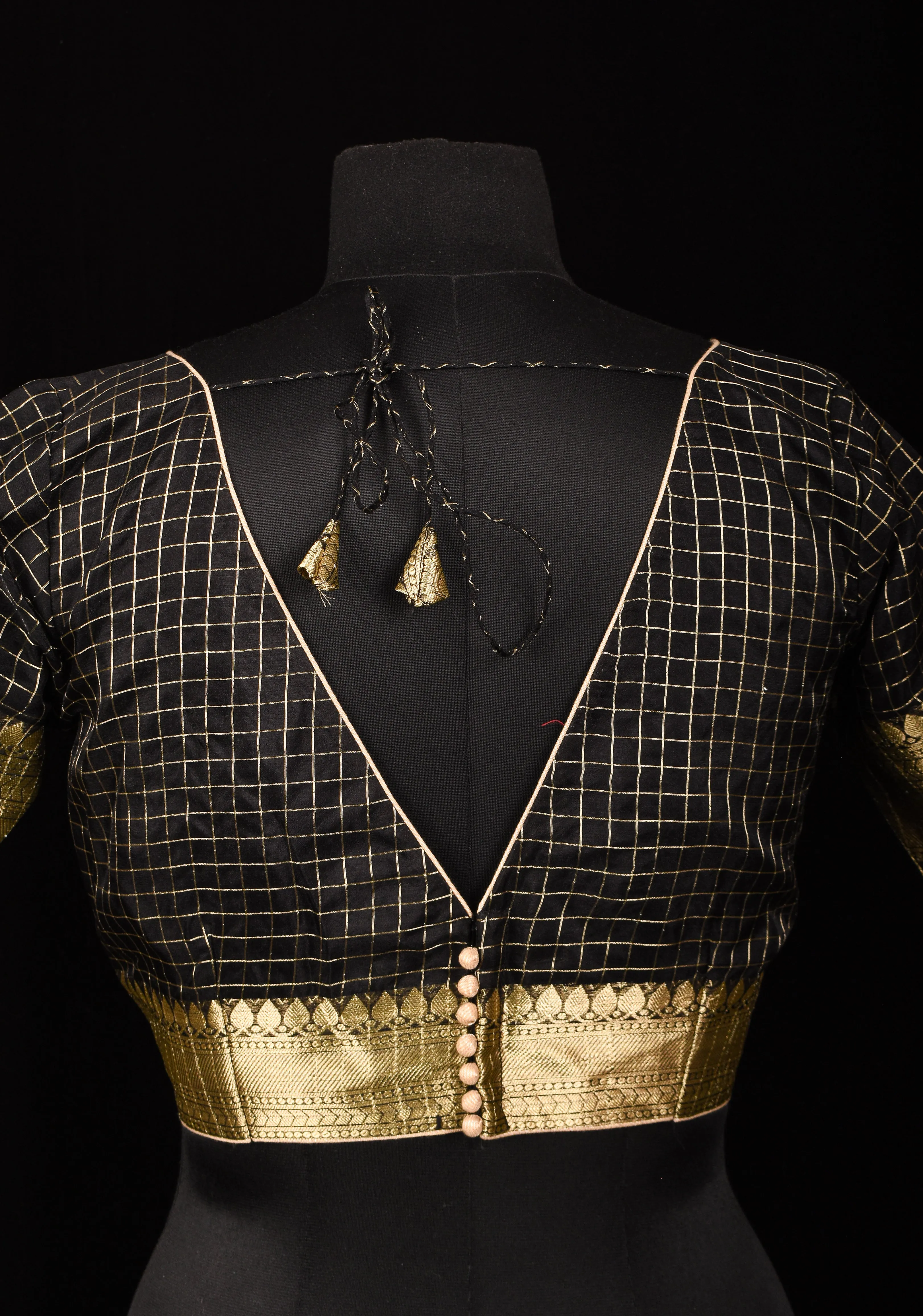 Size 36: Black Zari Checks Mercerised Cotton Blouse with Zari Border and V- neck at the back