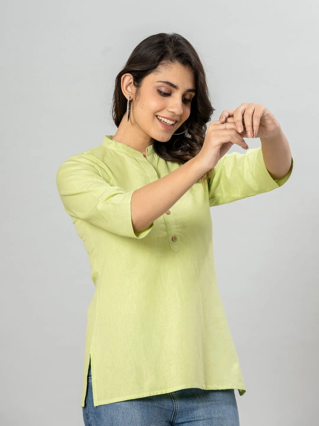 Solid Cotton Flax Women Top - Pista Green