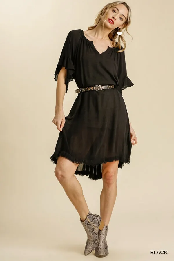 Split Neck Short Ruffle Sleeve Back Tiered Frayed Hem Dress
