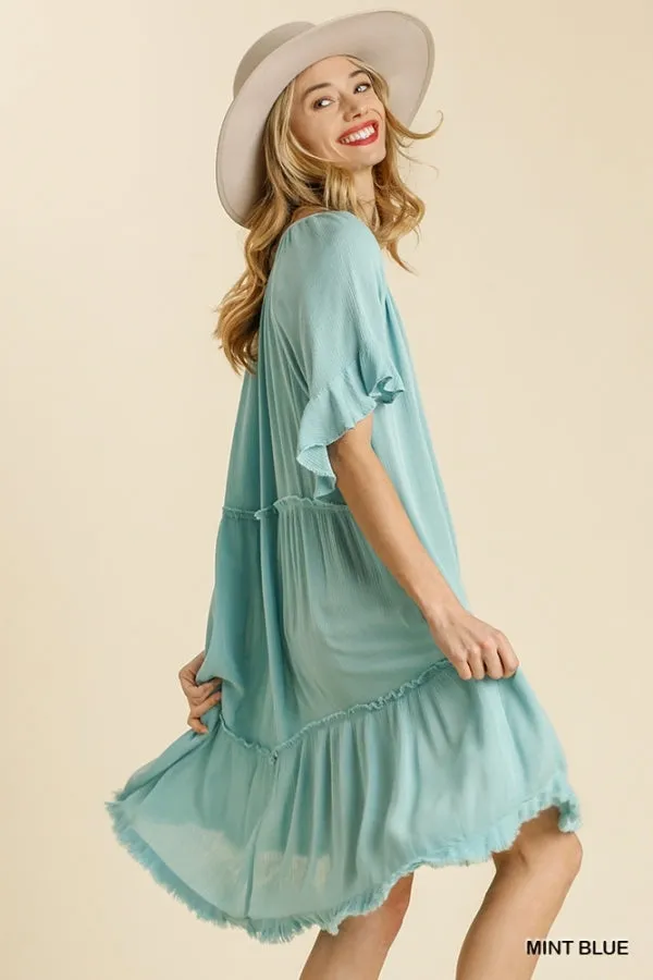 Split Neck Short Ruffle Sleeve Back Tiered Frayed Hem Dress